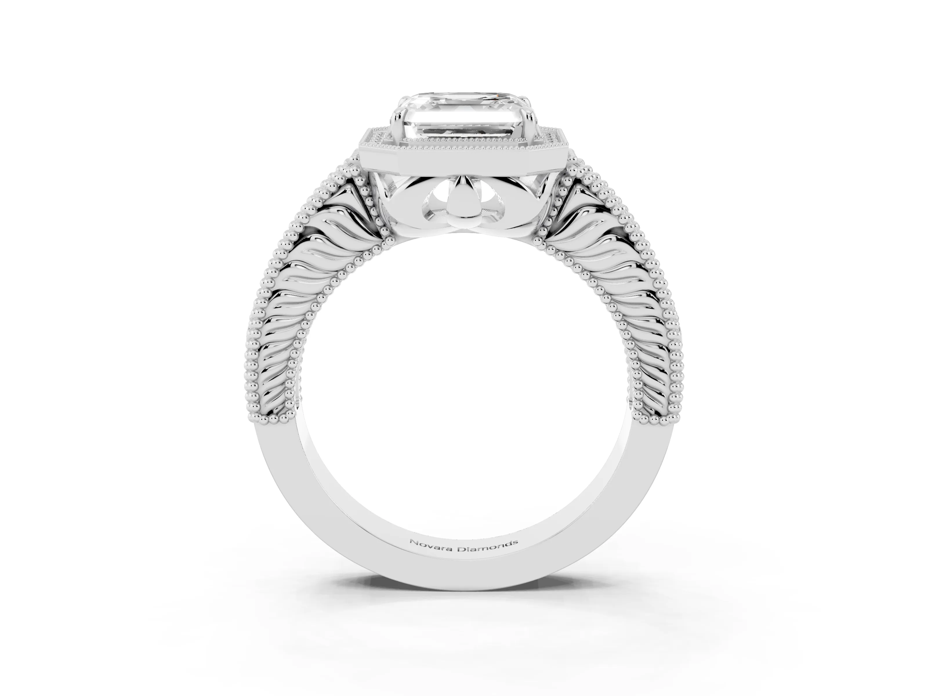 Asscher Cut Diamond Halo Ring Set in White gold with Round Accent Halo, Pavé Band and Prong Setting