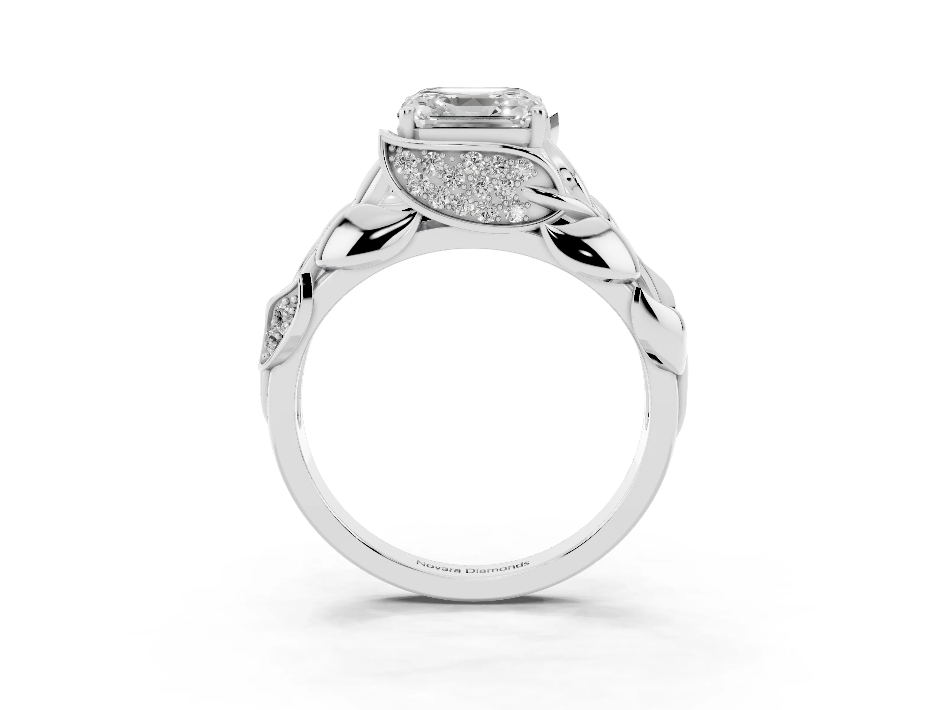 Asscher Cut Diamond Leaf-Inspired Engagement Ring Set in Silver with Round Accents