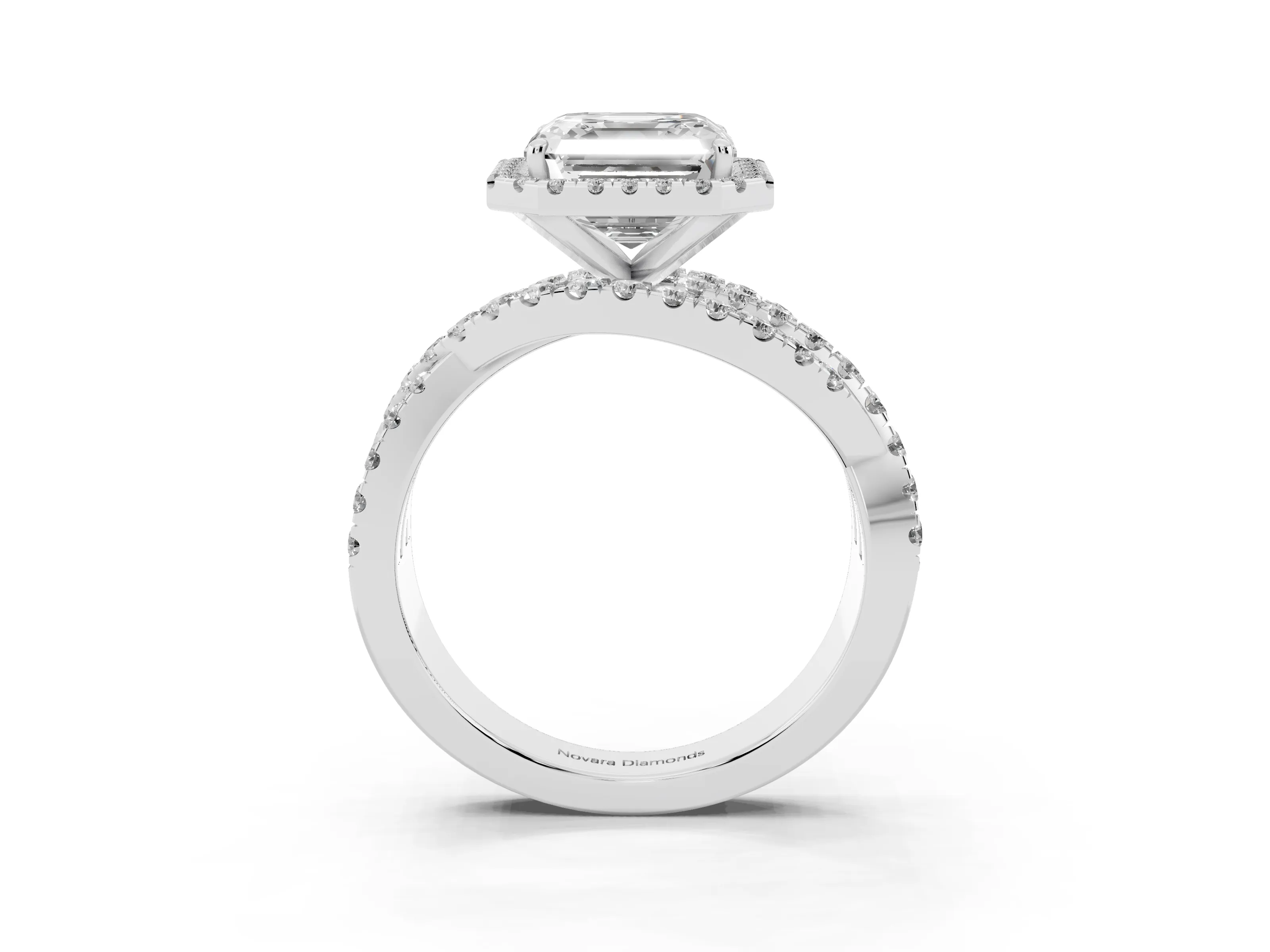 Asscher Cut Diamond Halo Ring Set in White gold with Round Crossover Split Shank and Prong Setting