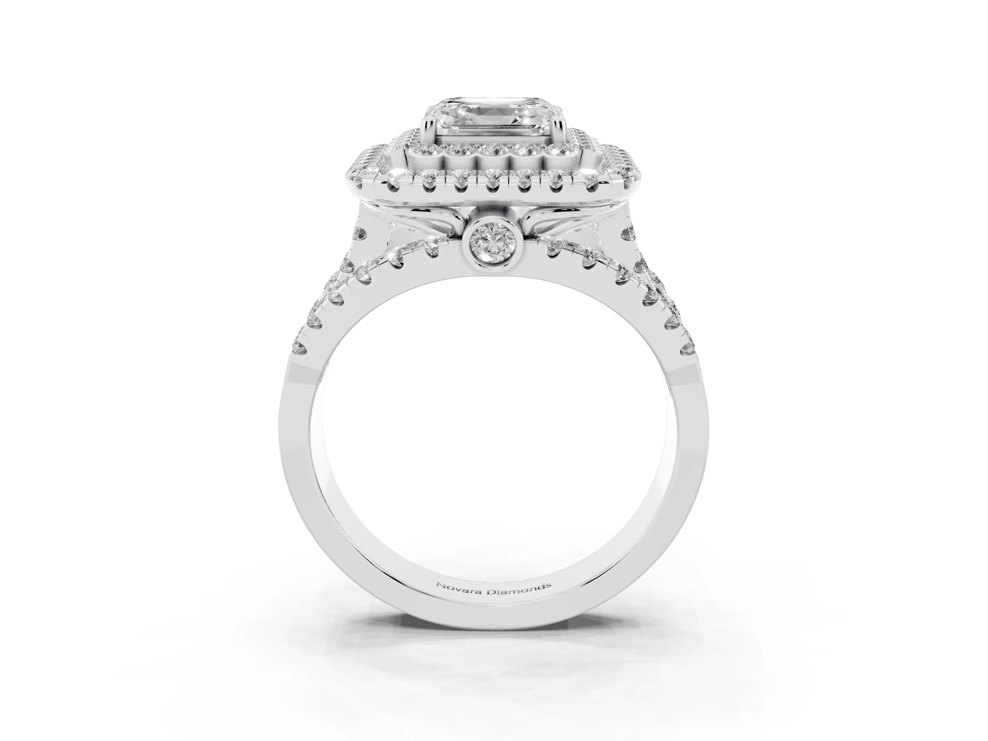 Asscher Cut Diamond Double Halo Ring Set in White gold with Round Pavé Split Shank