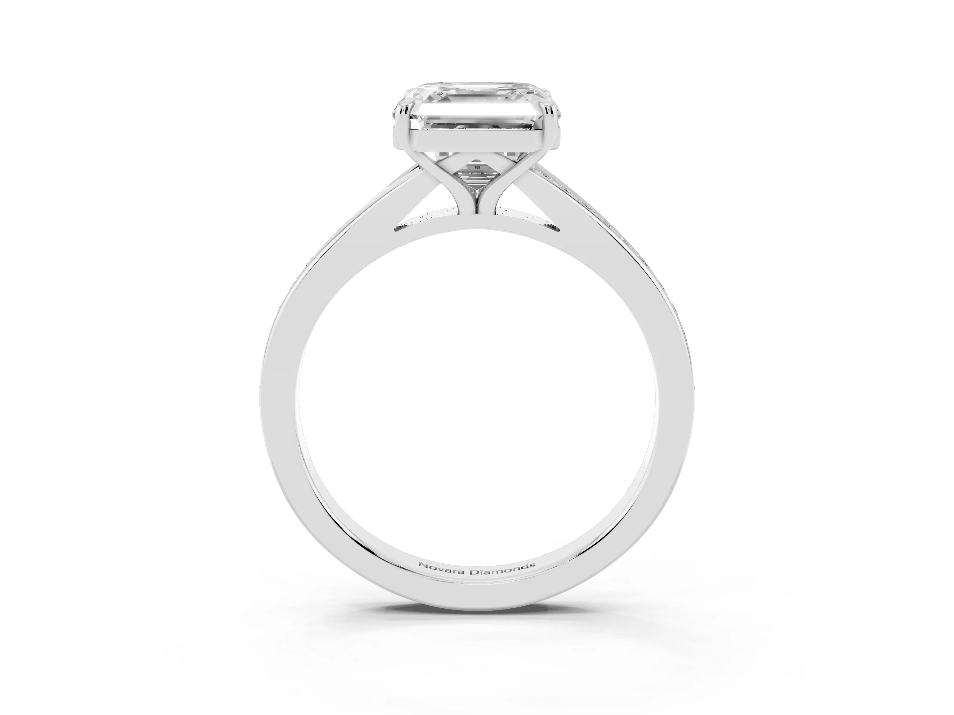 Asscher Cut Diamond Solitaire Ring Set in Silver with Pavé Accent Band and Classic Prong Setting