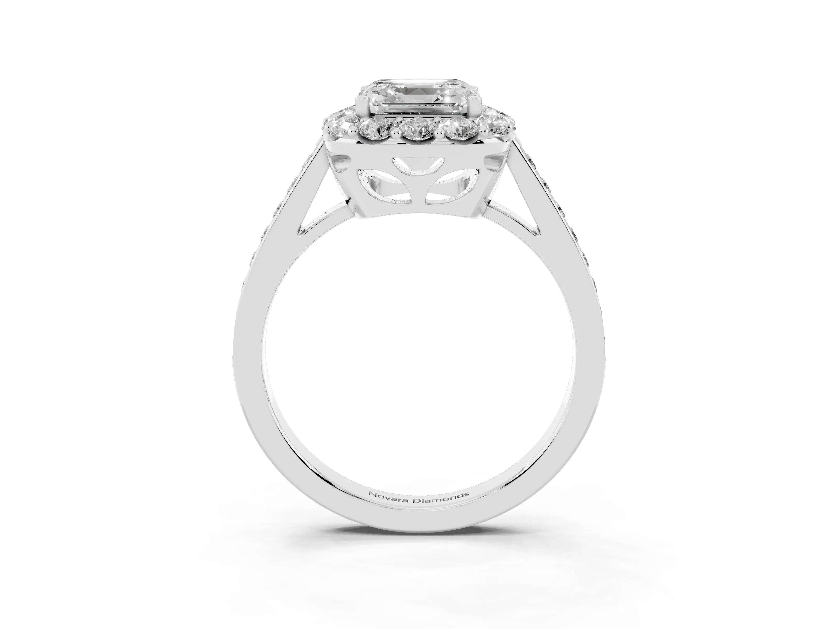 Asscher Cut Diamond Floral Halo Ring Set in White gold with Pavé Band and Prong Setting
