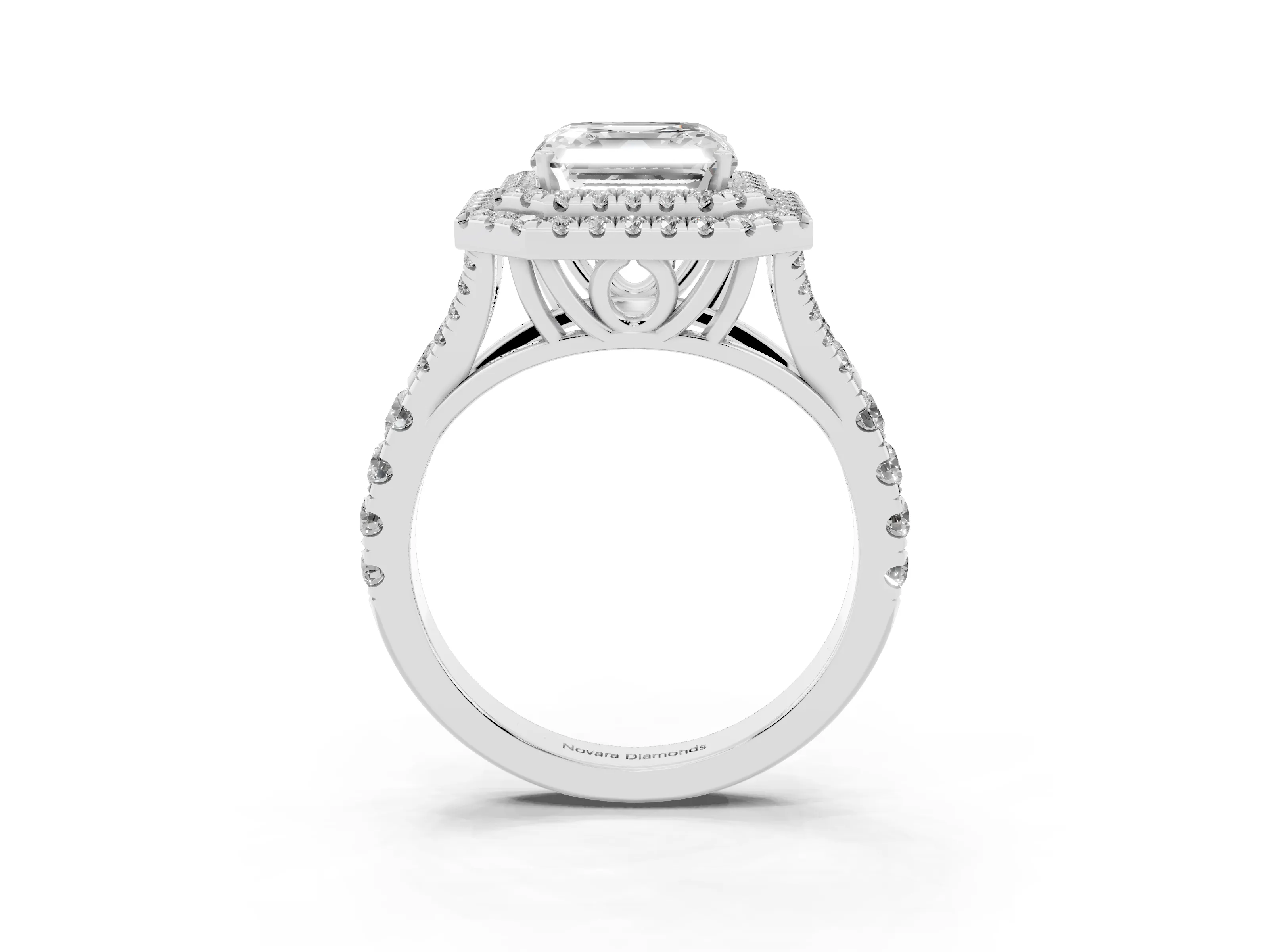 Asscher Cut Diamond Pavé Split Shank Double Halo Engagement Ring Set in Platinum