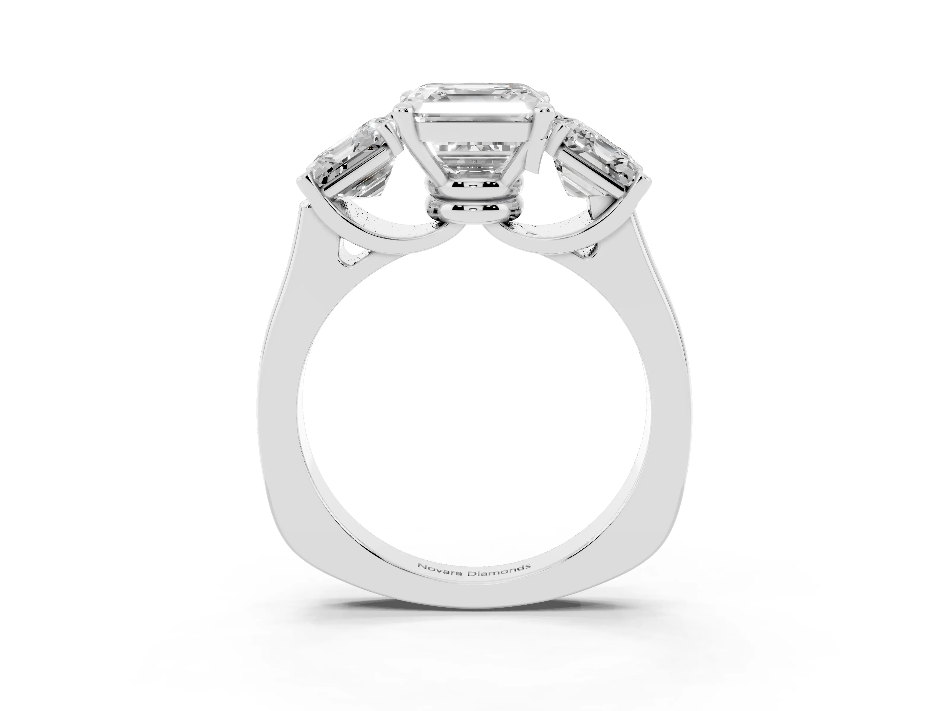 Asscher Cut Diamond Three-Stone Trellis Ring Set in White gold with Comfort Fit Band