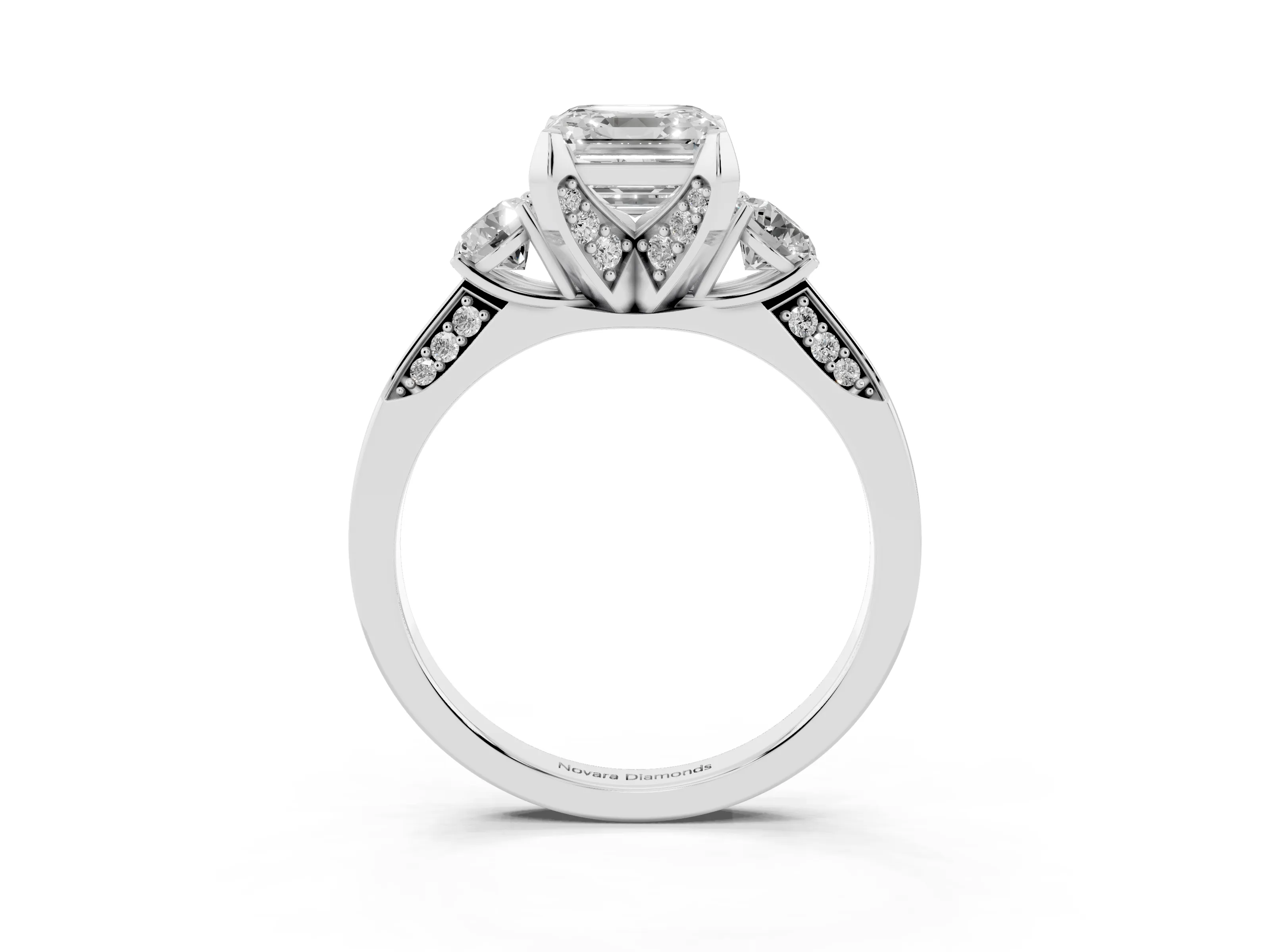 Asscher Cut Diamond Three-Stone Ring Set in Platinum with Pavé Band and Smaller Side Stones