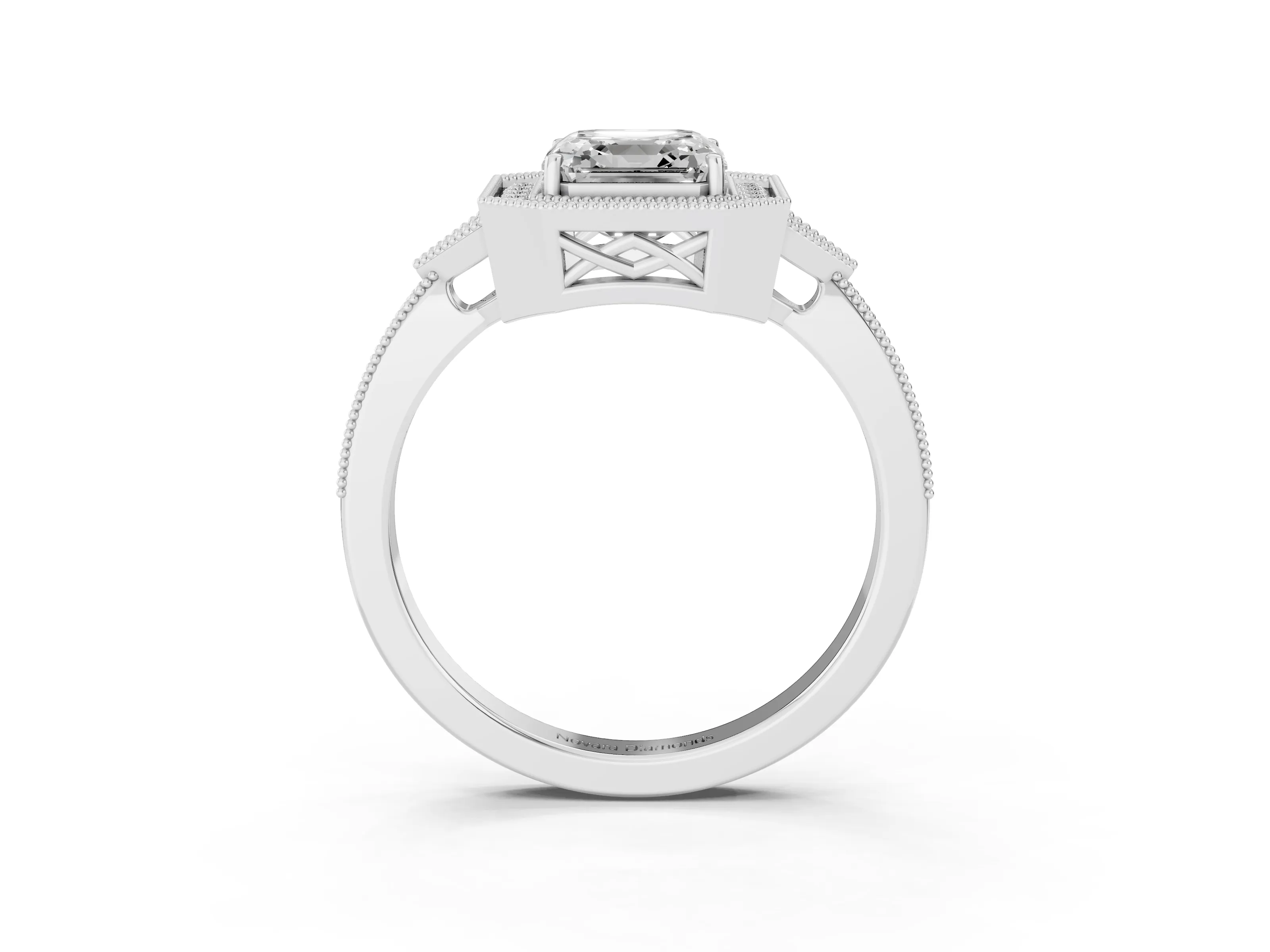 Asscher Cut Diamond Halo Engagement Ring Set in White gold with Milgrain Pavé Band