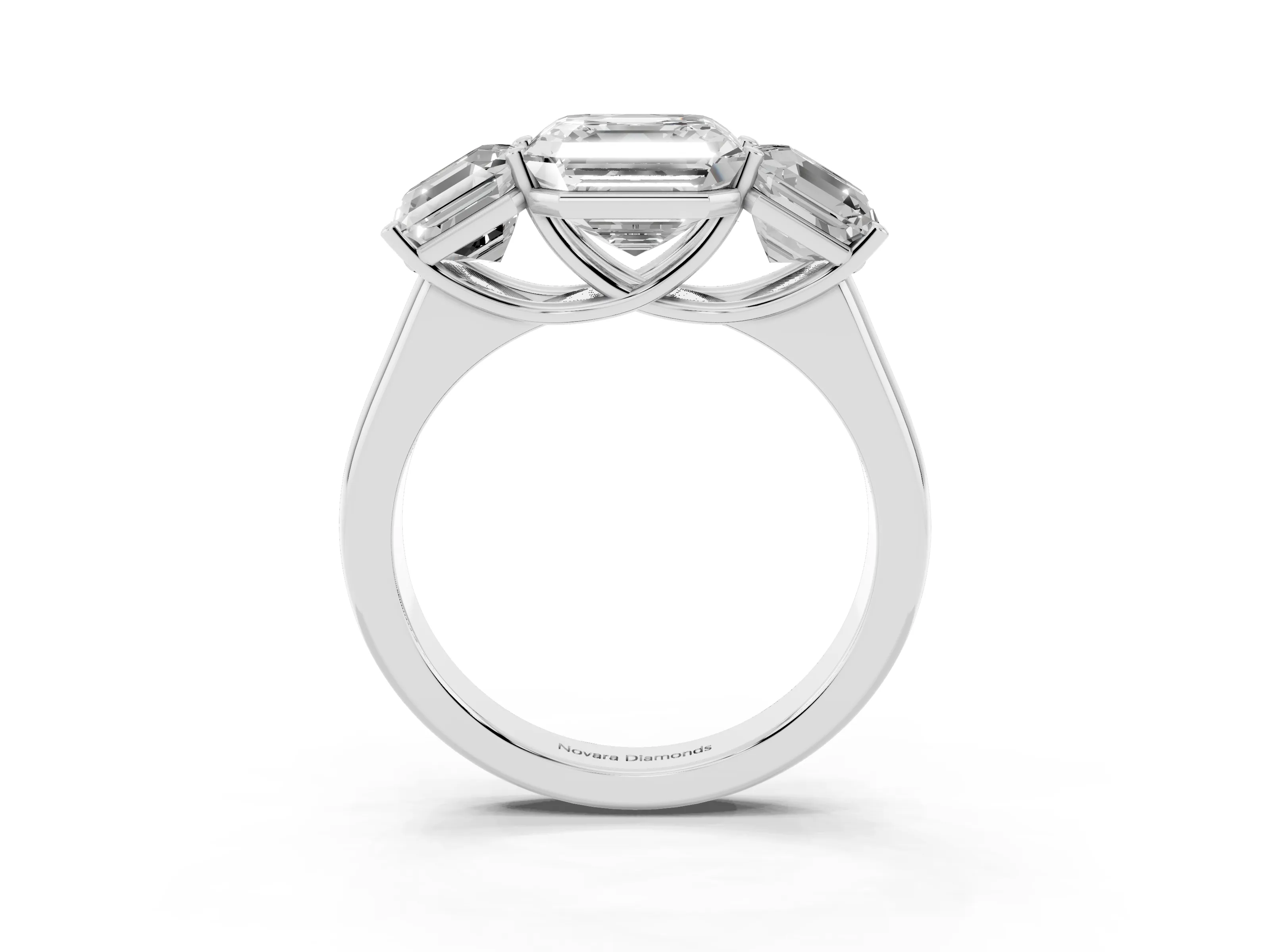 Asscher Cut Diamond Three-Stone Ring Set in White gold with Plain Polished Band