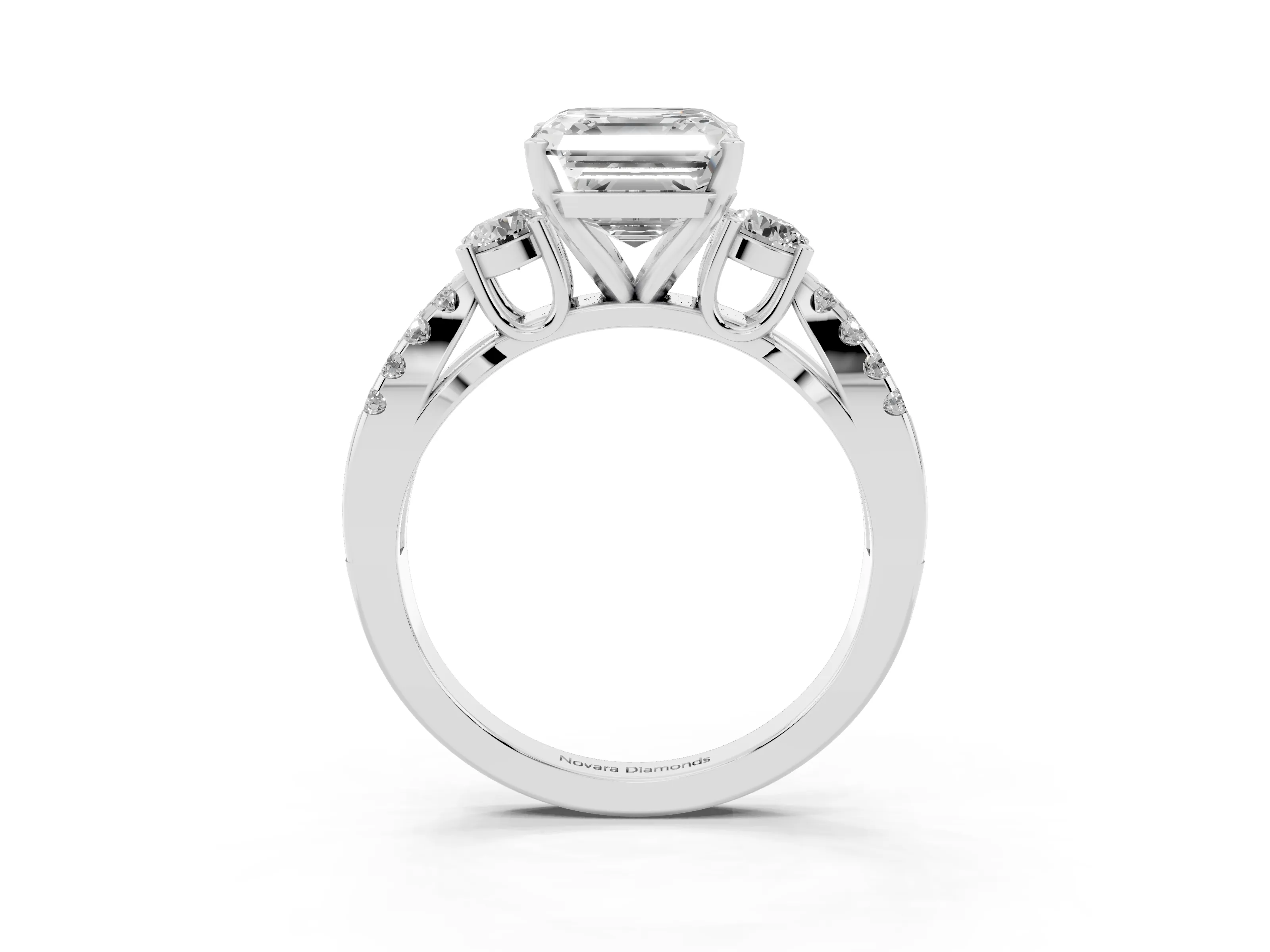 Asscher Cut Diamond Three-Stone Ring Set in Platinum with Pavé Split Shank and Prong Setting