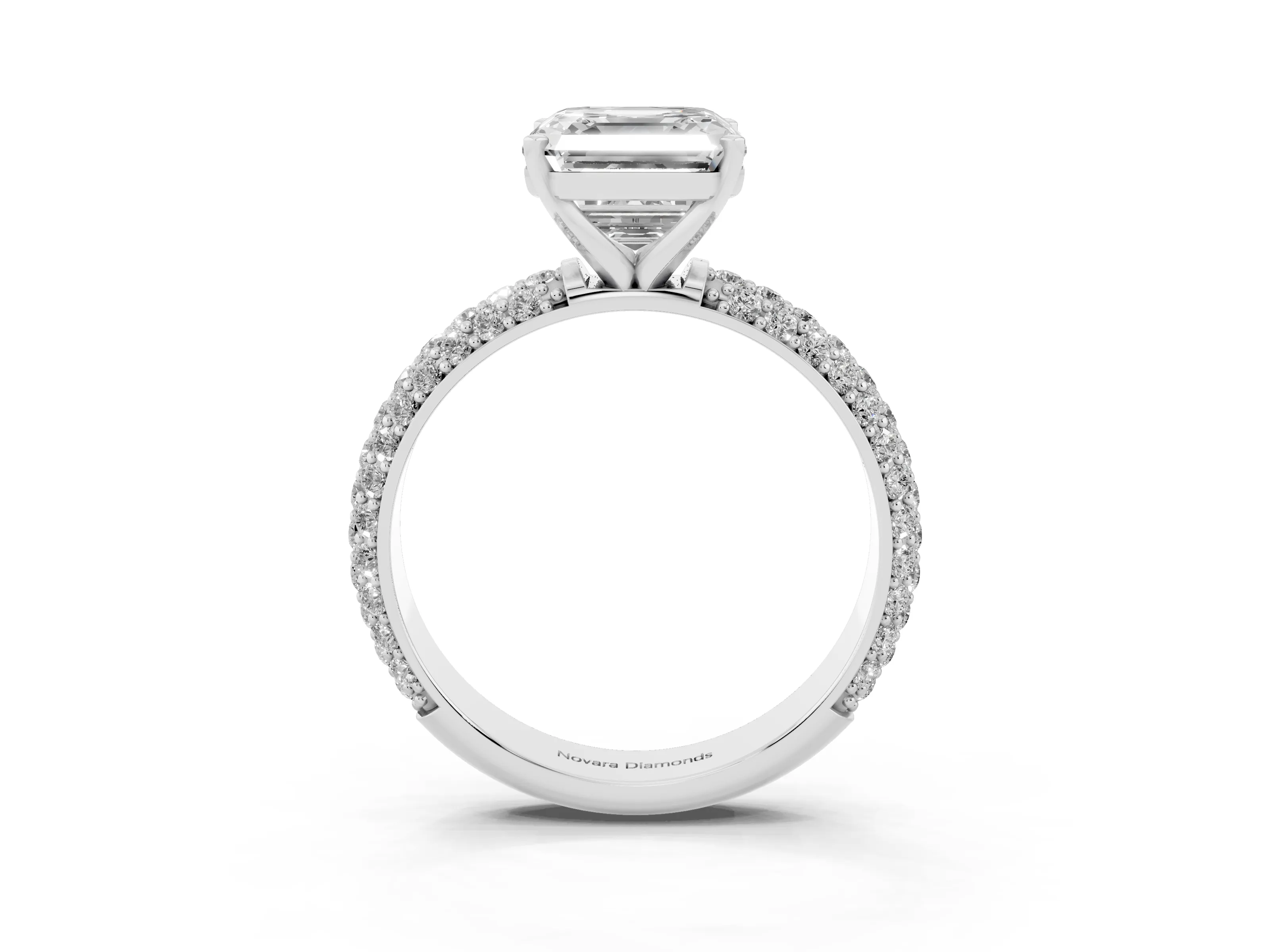 Asscher Cut Diamond Solitaire Ring Set in White gold with Prong Setting and Pavé-Set Band