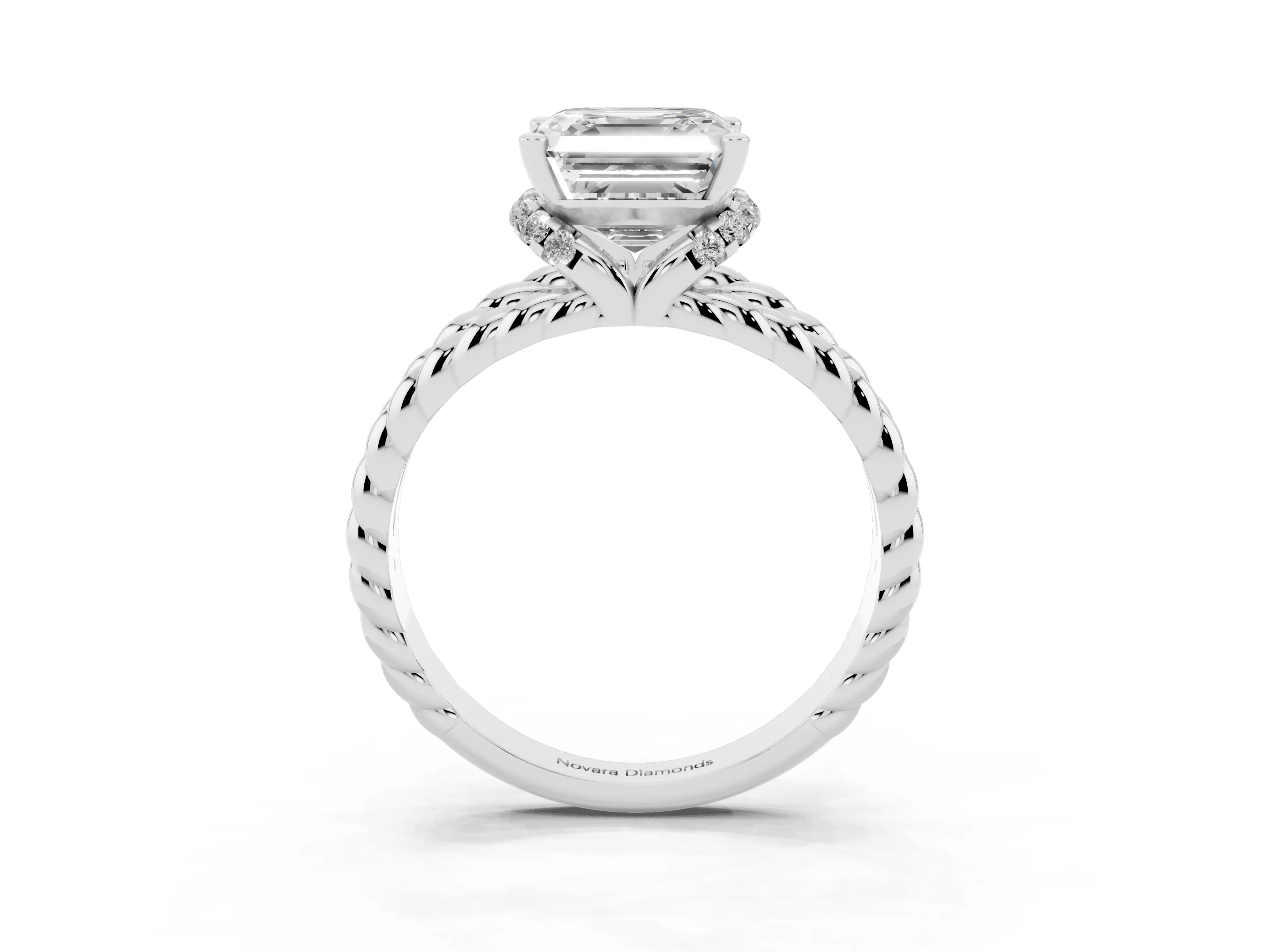 Asscher Cut Diamond Halo Ring Set in White gold with Twisted Band and Prong Setting