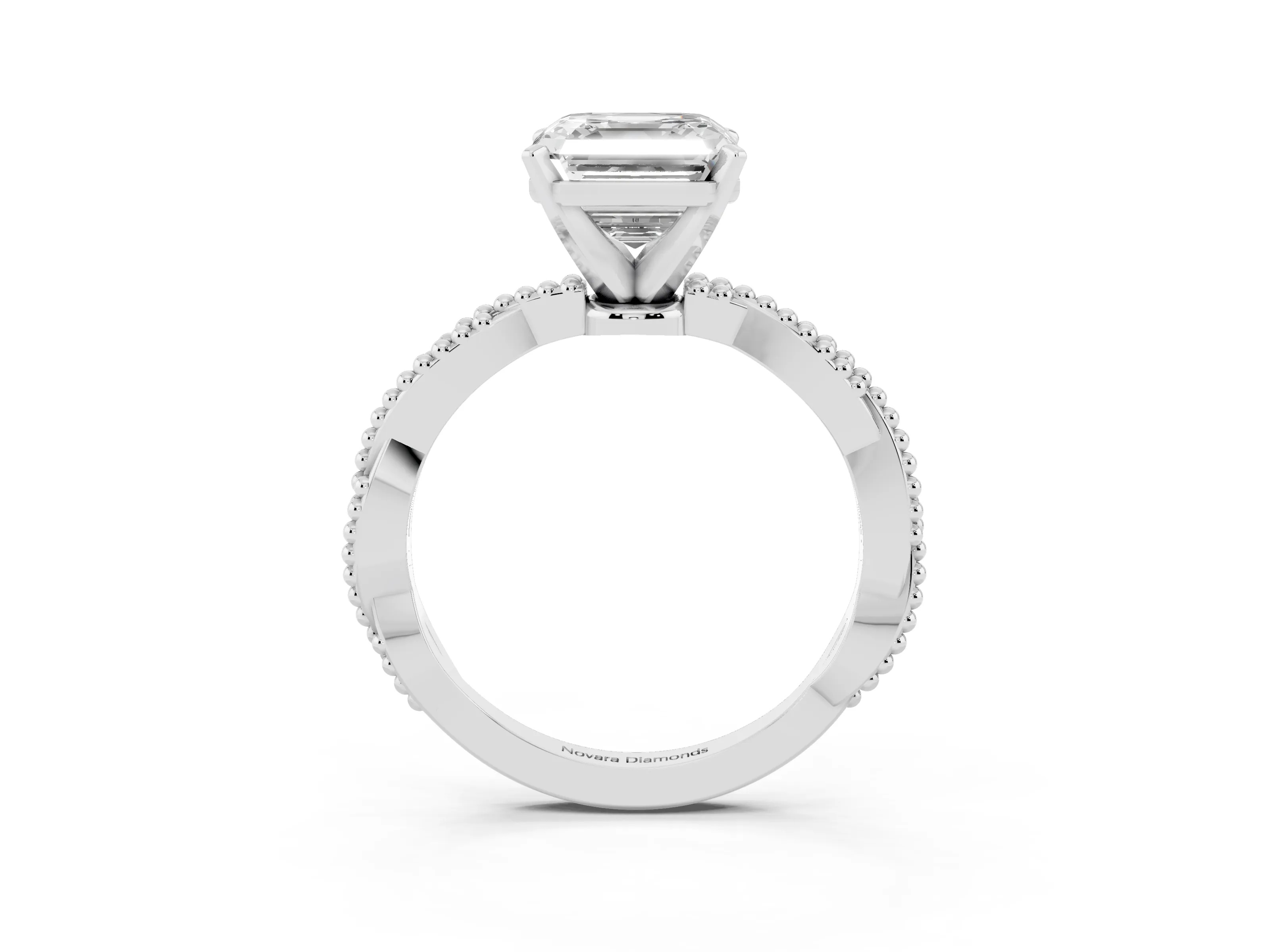 Asscher Cut Diamond Solitaire Ring Set in Platinum with Twisted Band and Bead Prong Setting