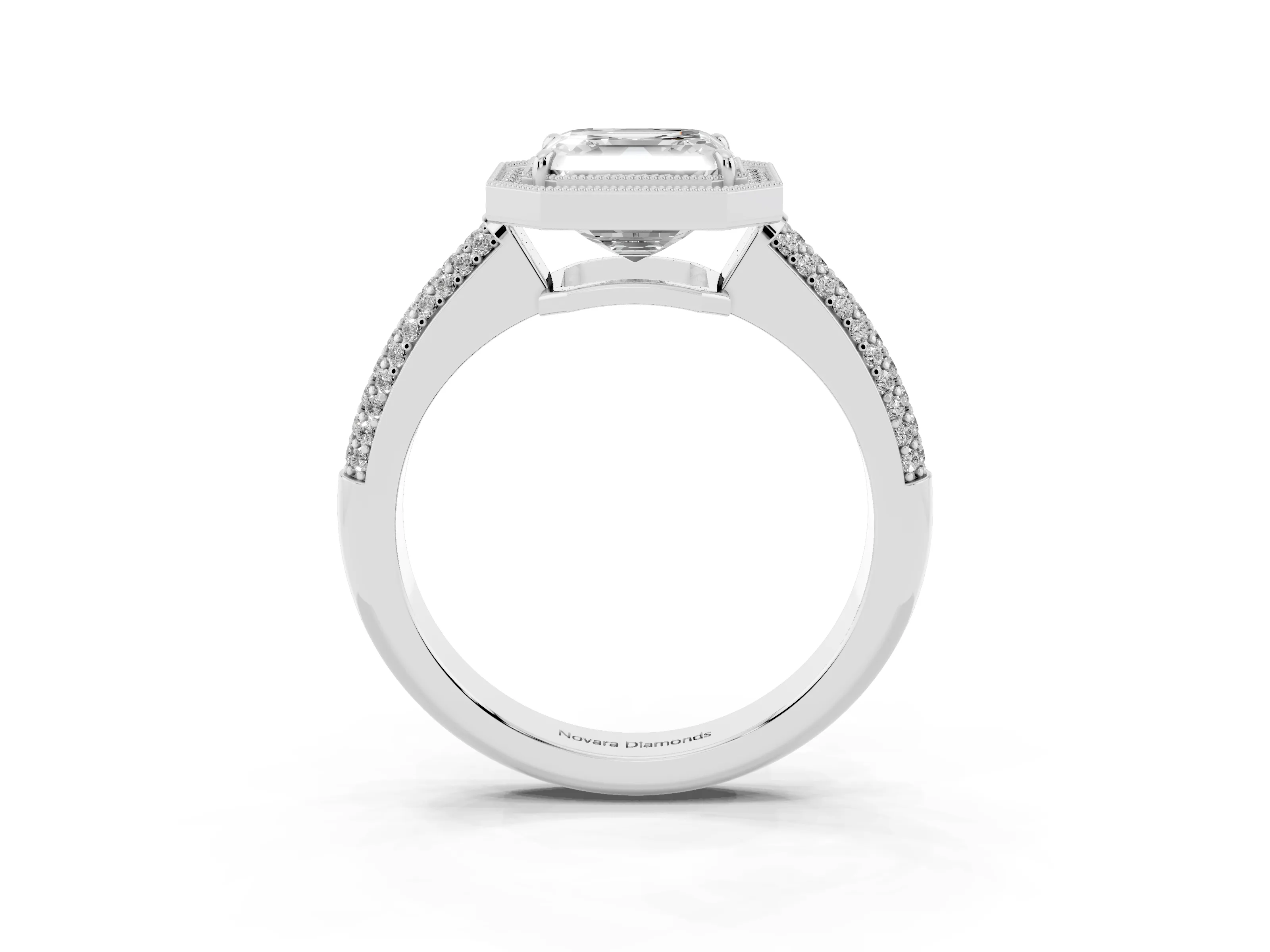 Asscher Cut Diamond Halo Pavé Band Set in Silver with Prong Setting