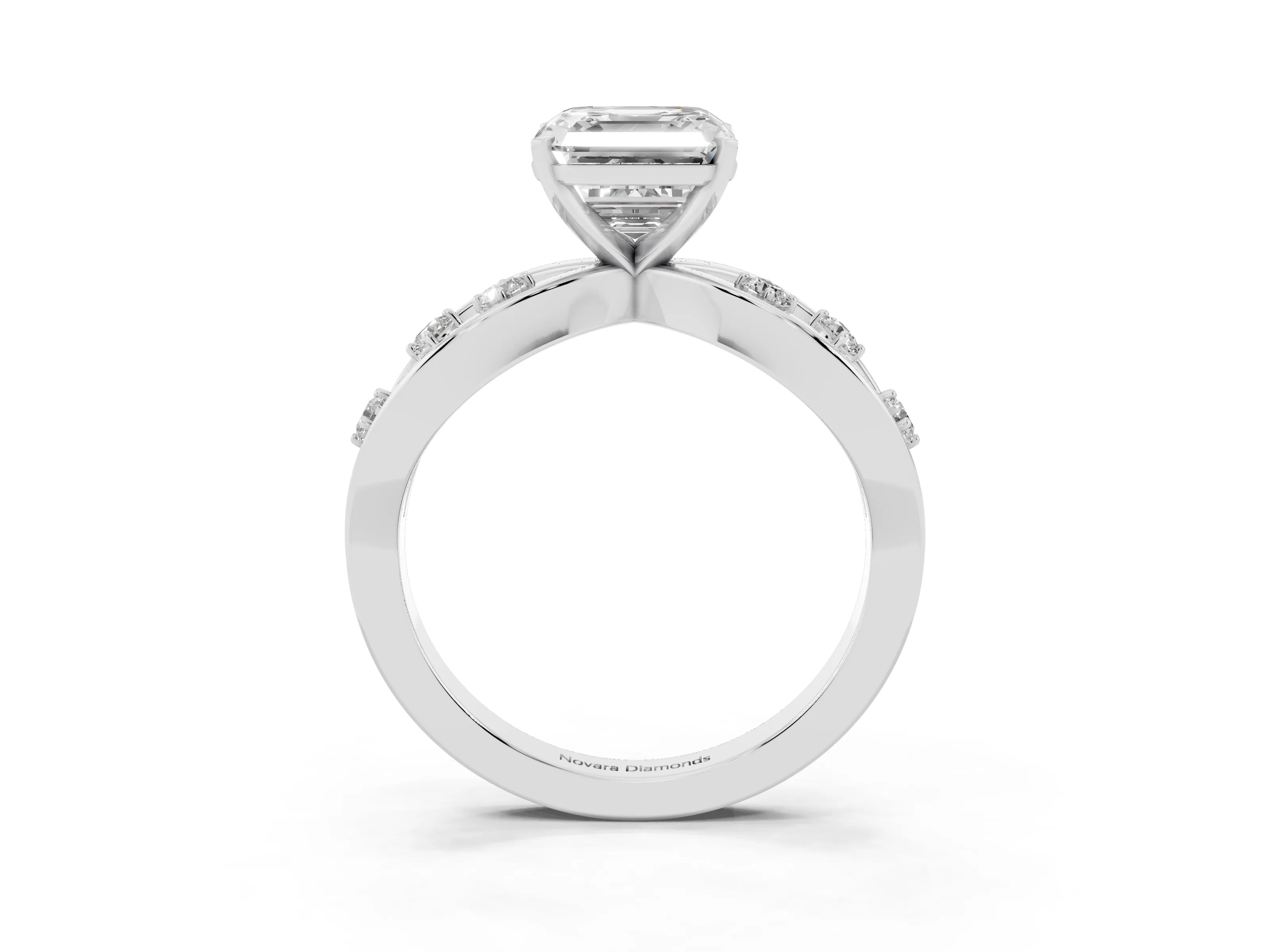 Asscher Cut Diamond Solitaire Ring Set in White gold with Side Stones on Criss-Cross Band and Prong Setting