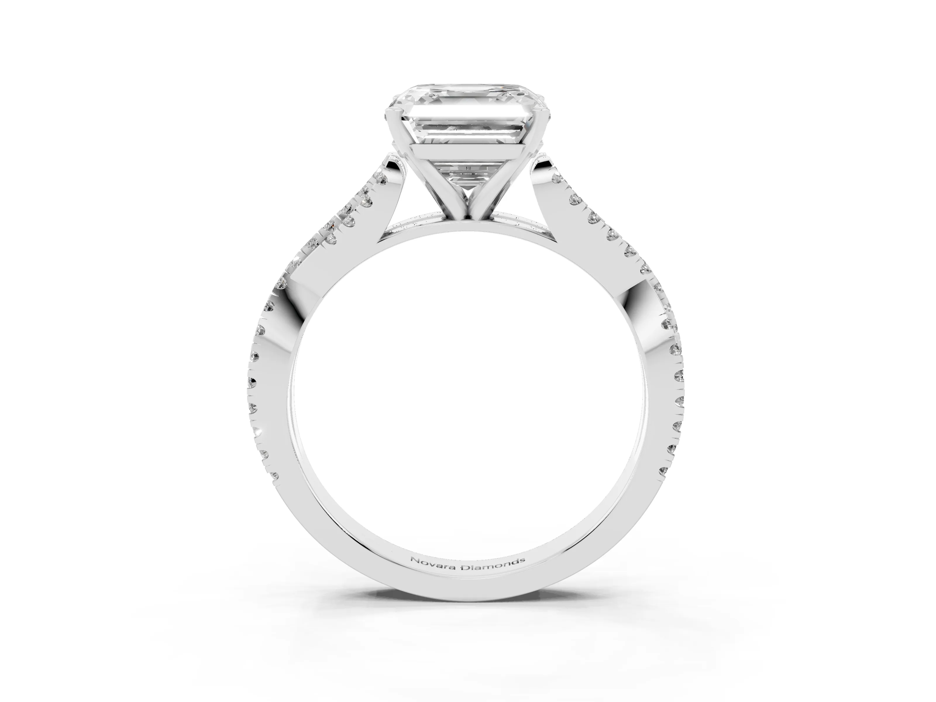 Asscher Cut Diamond Solitaire Engagement Ring Set in White gold with Twisted Pavé Band and Prong Setting