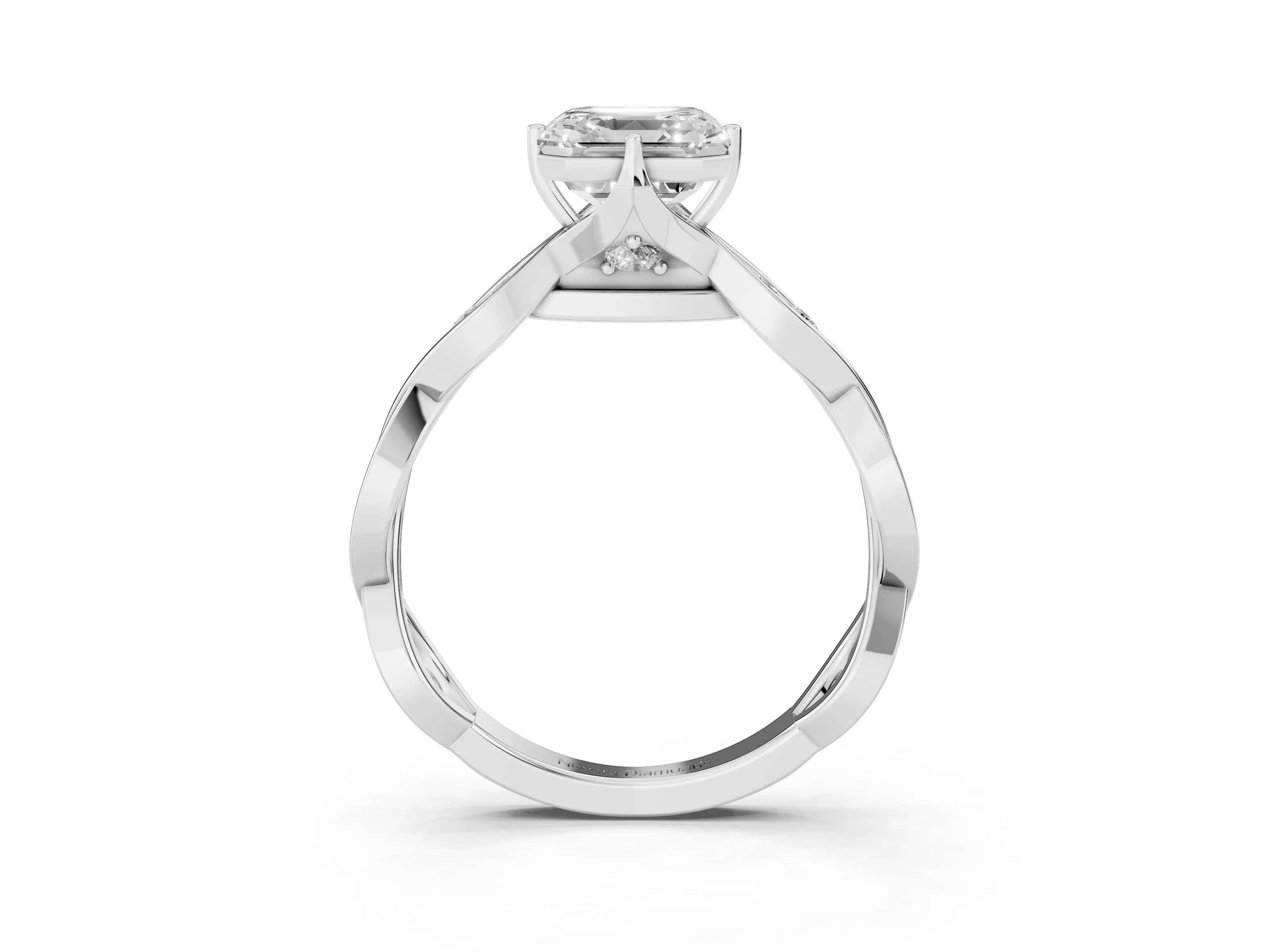 Asscher Cut Diamond Twist Band Solitaire Ring Set in White gold with Leaf Prong Setting and Accent Stones