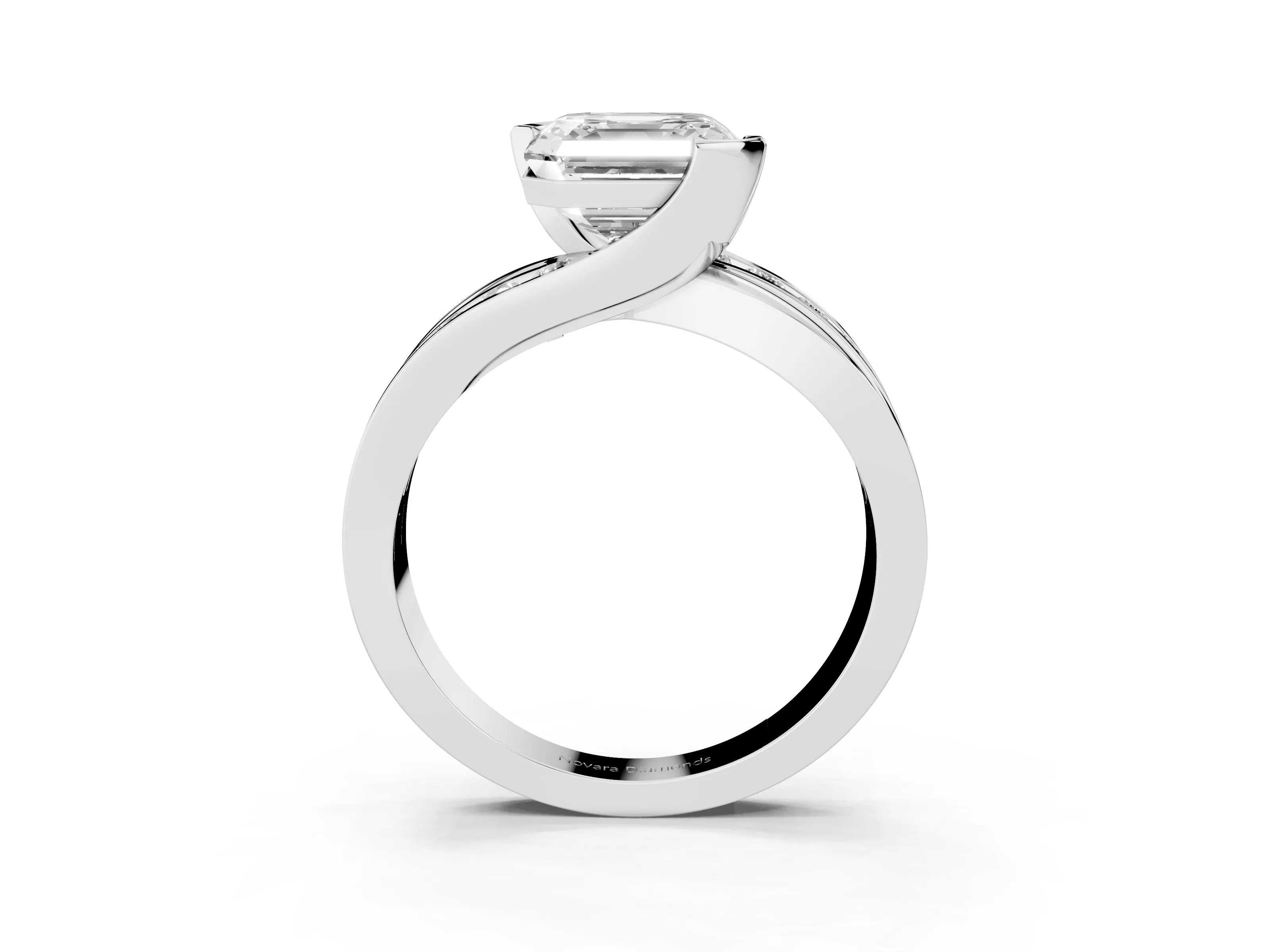 Asscher Cut Diamond Solitaire Ring Set in Platinum with Channel Set Split Shank and Tension Prongs
