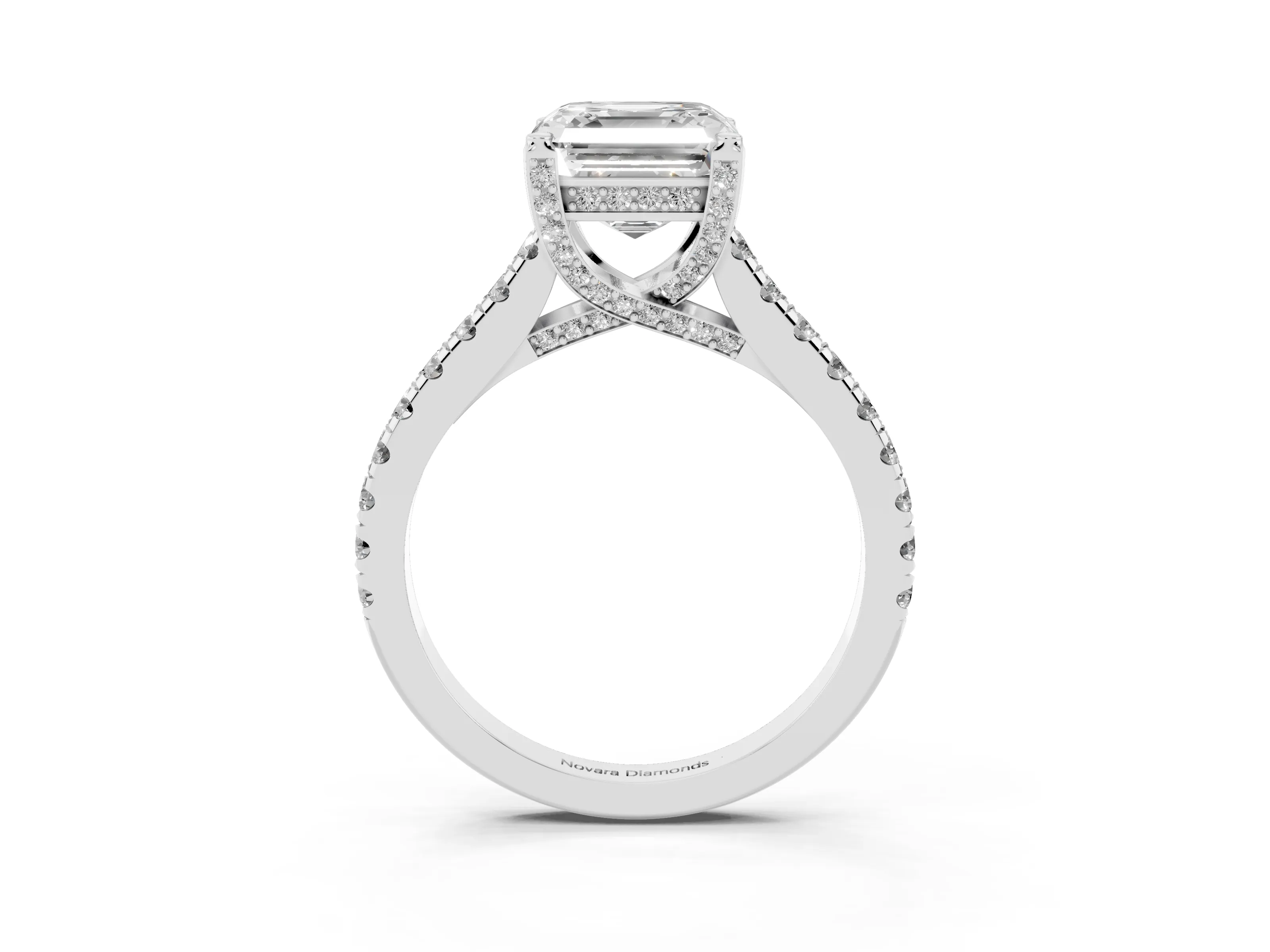 Asscher Cut Diamond Solitaire Ring Set in Platinum with Brilliant Pavé Band and Prong Setting