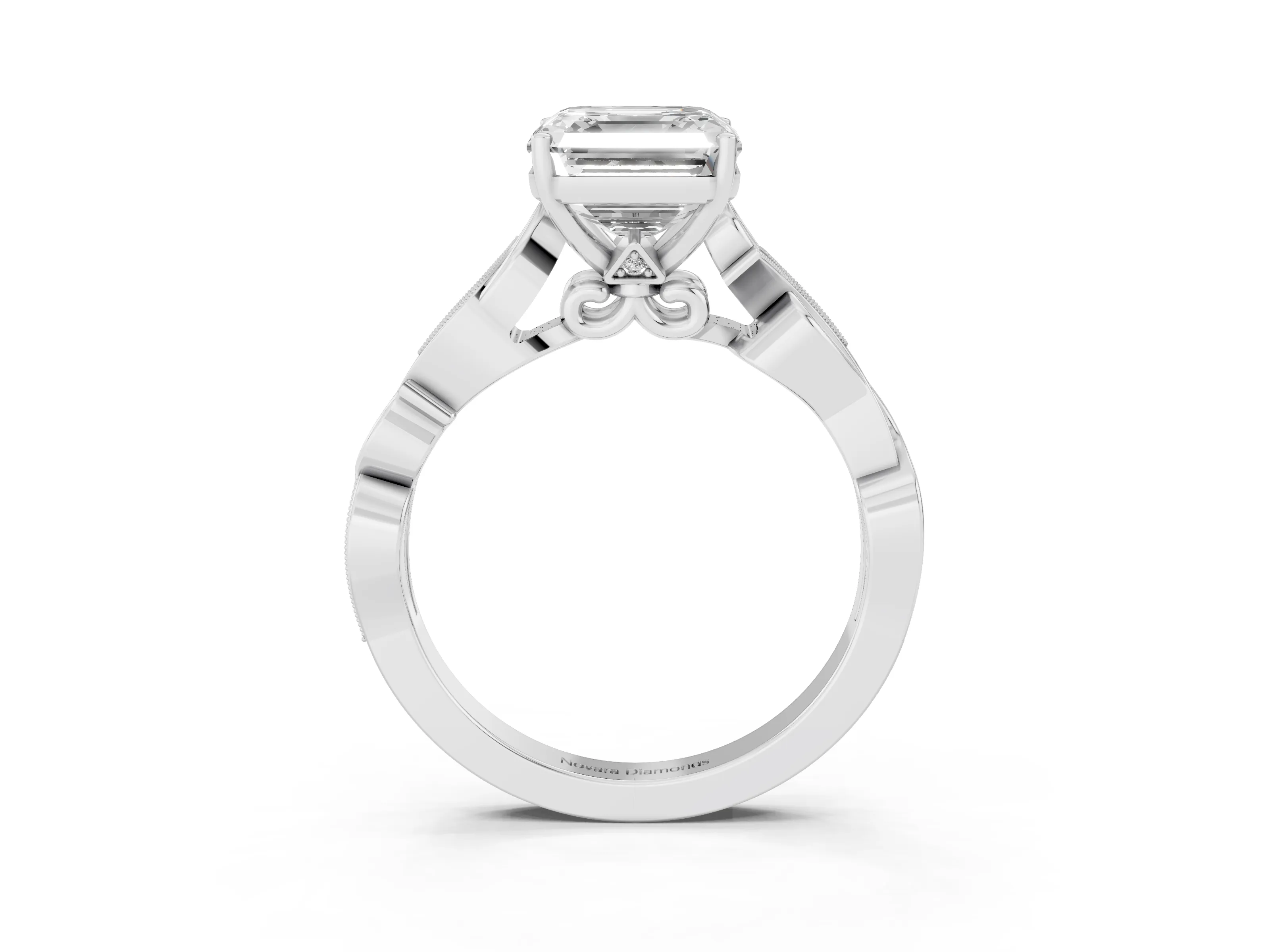 Asscher Cut Diamond Vine Band Solitaire Ring Set in Silver with Milgrain Prong Setting