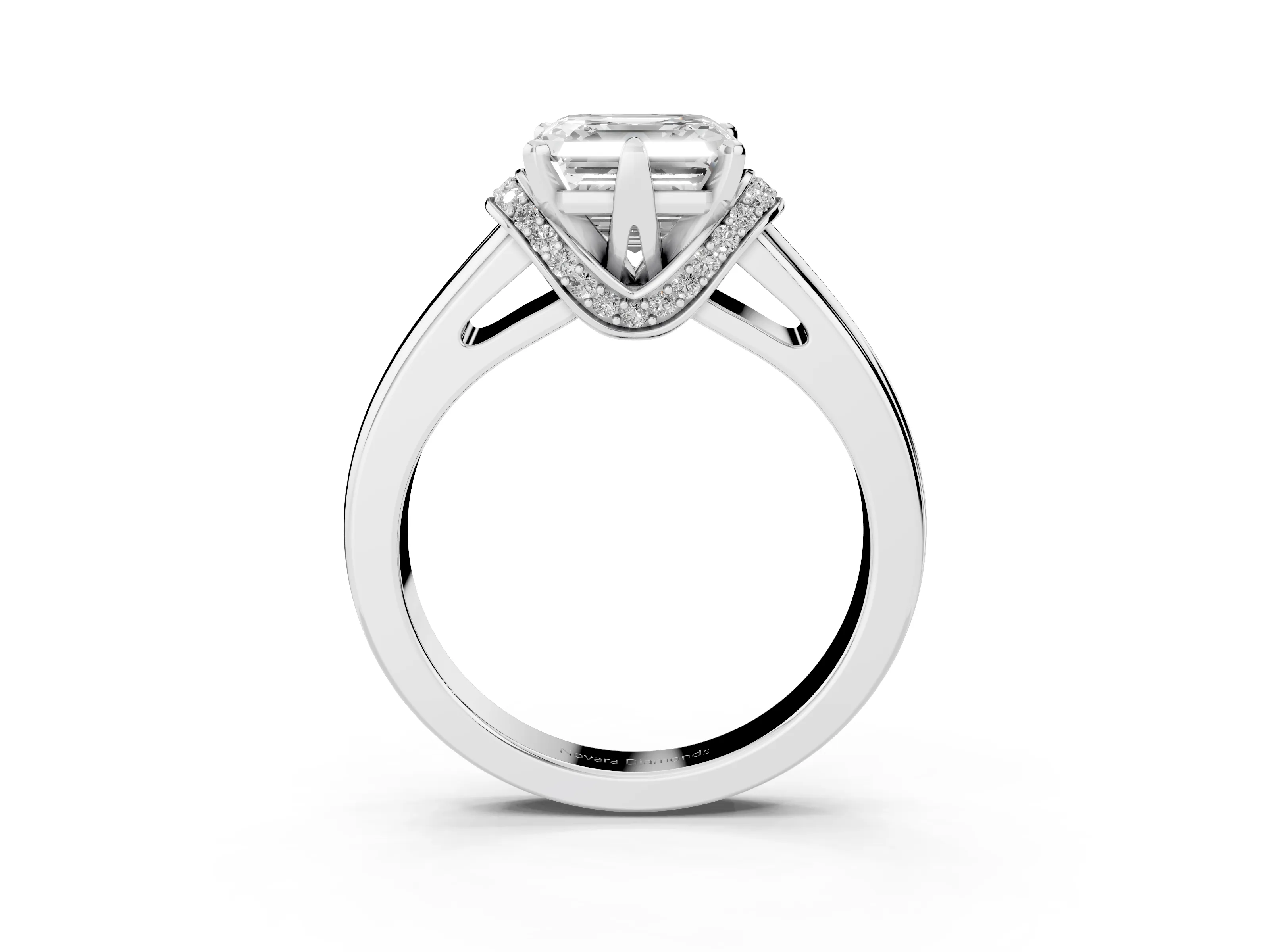 Asscher Cut Diamond Pavé Band Solitaire Ring Set in Silver with Prong Setting