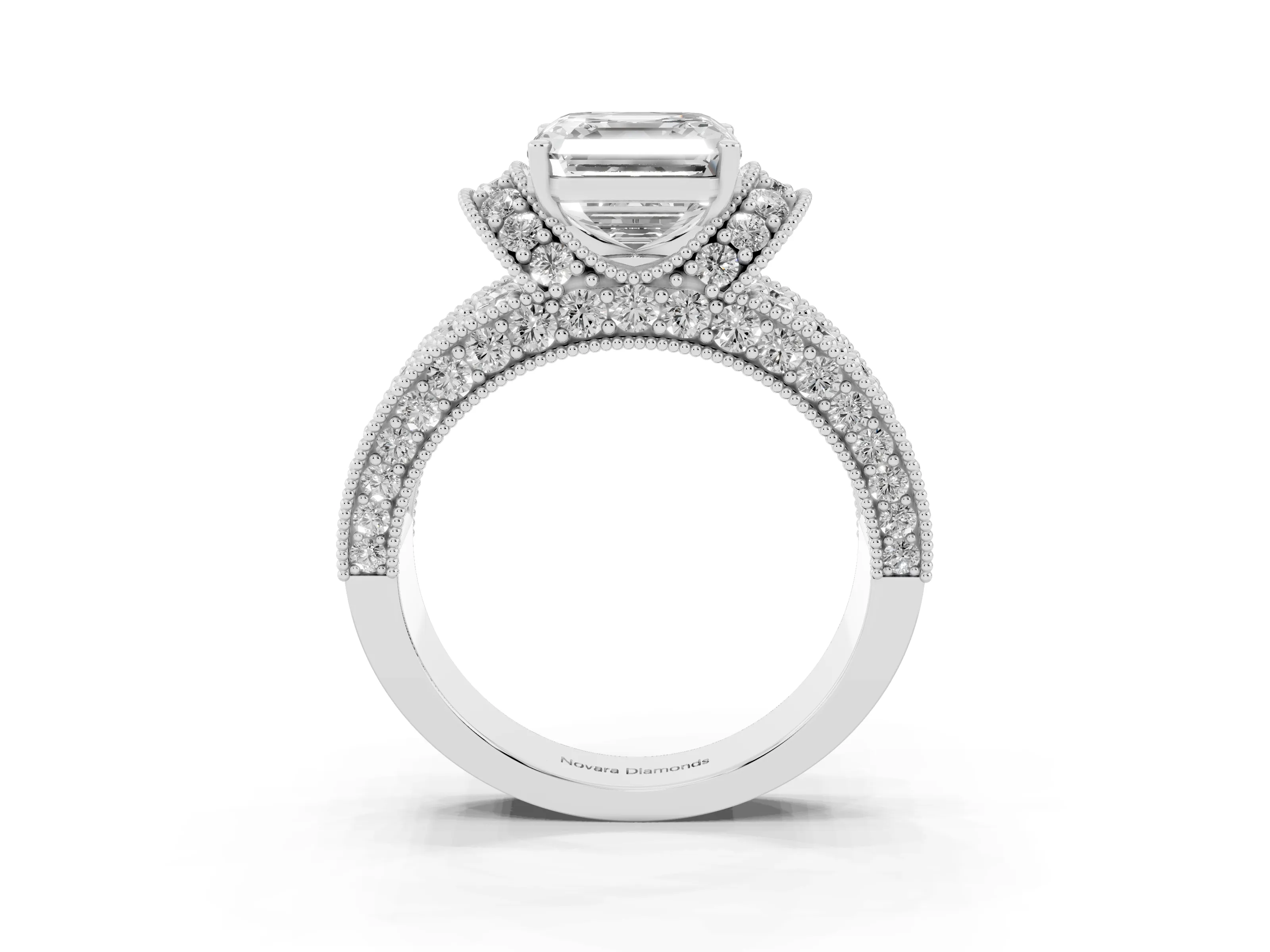 Asscher Cut Diamond Milgrain Halo Pavé Engagement Ring Set in Silver with Prong Setting