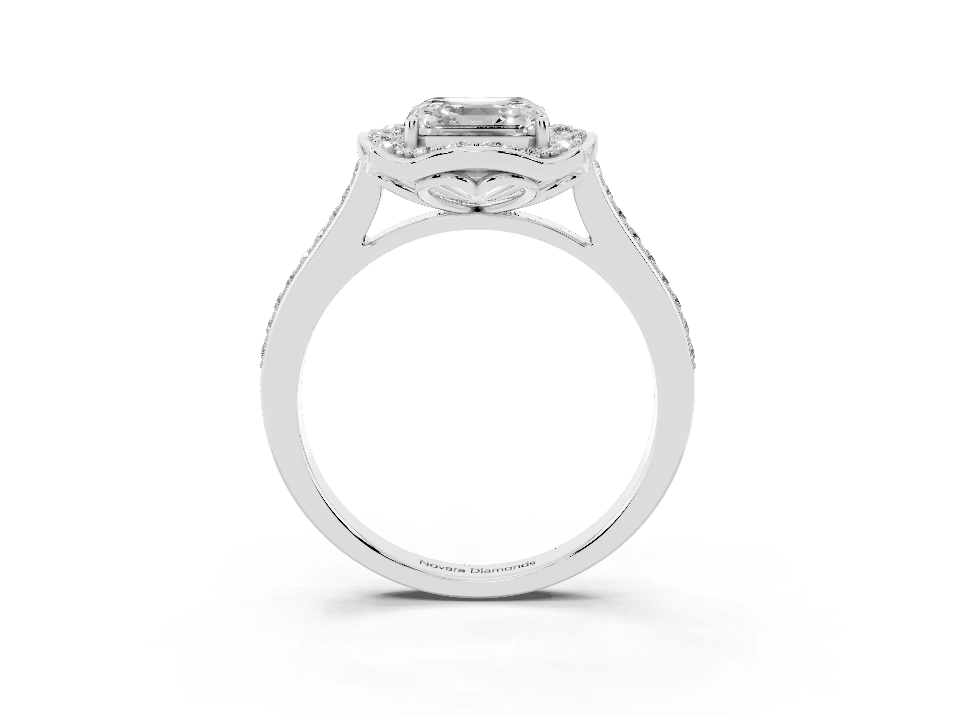 Asscher Cut Diamond Halo Ring Set in Silver with Pavé-Lined Shoulders and Prong Setting