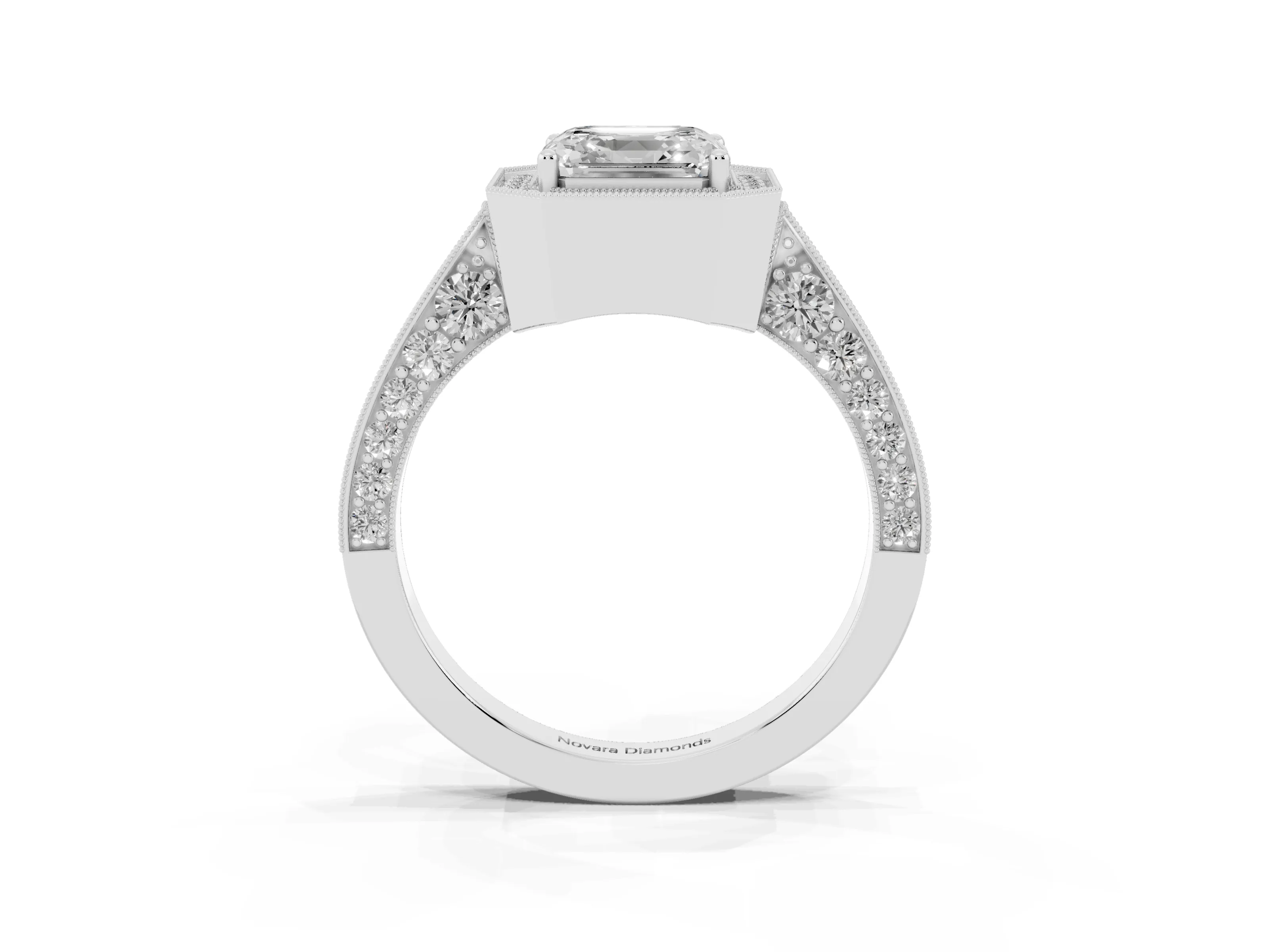 Asscher Cut Diamond Halo Engagement Ring Set in White gold with Accent Split Shank Band
