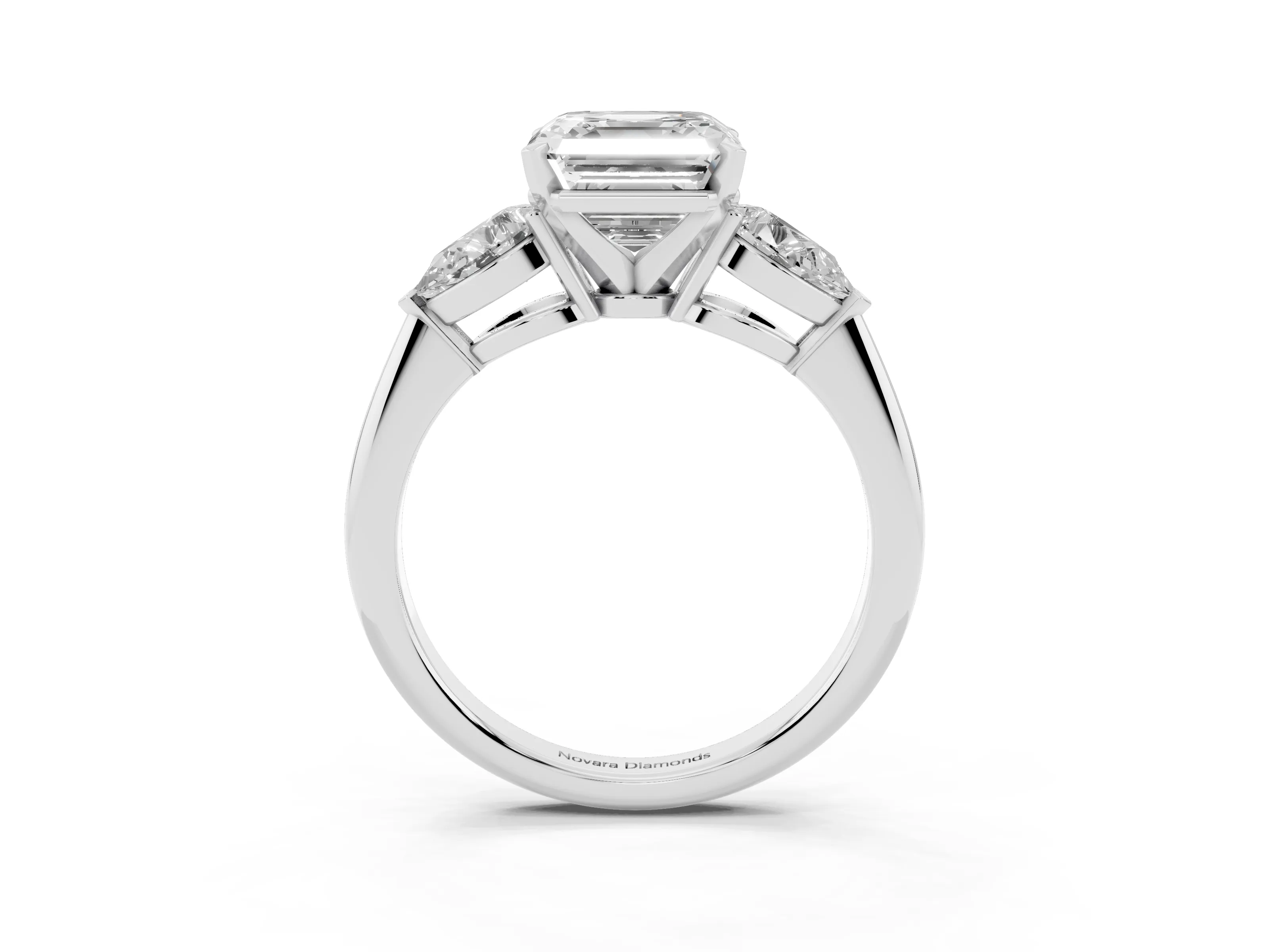Three-Stone Asscher Cut Diamond Ring Set in Silver with Pear Side Stones and Prong Setting