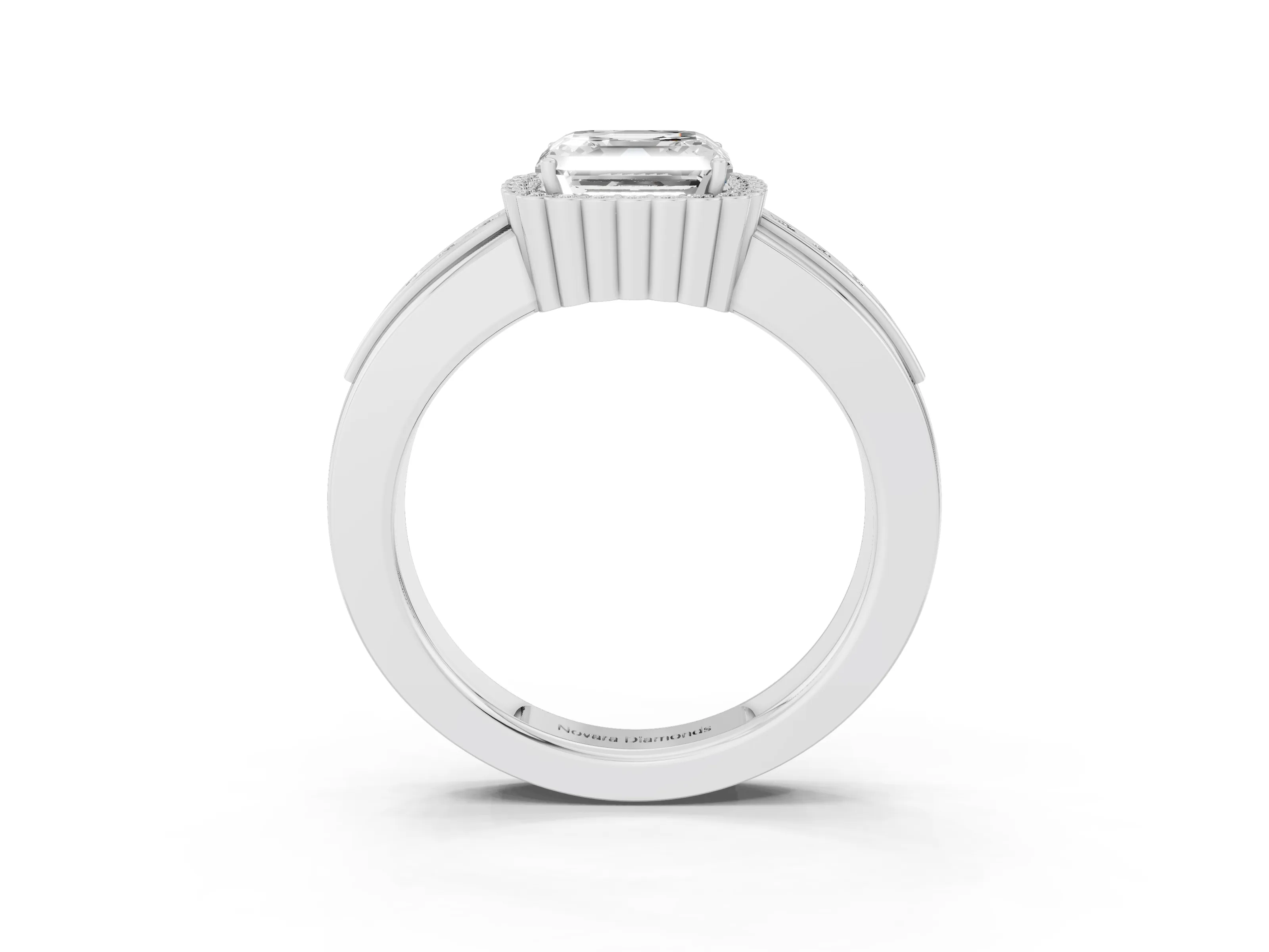 Asscher Cut Diamond Halo Prong Ring Set in Platinum with Pavé Band