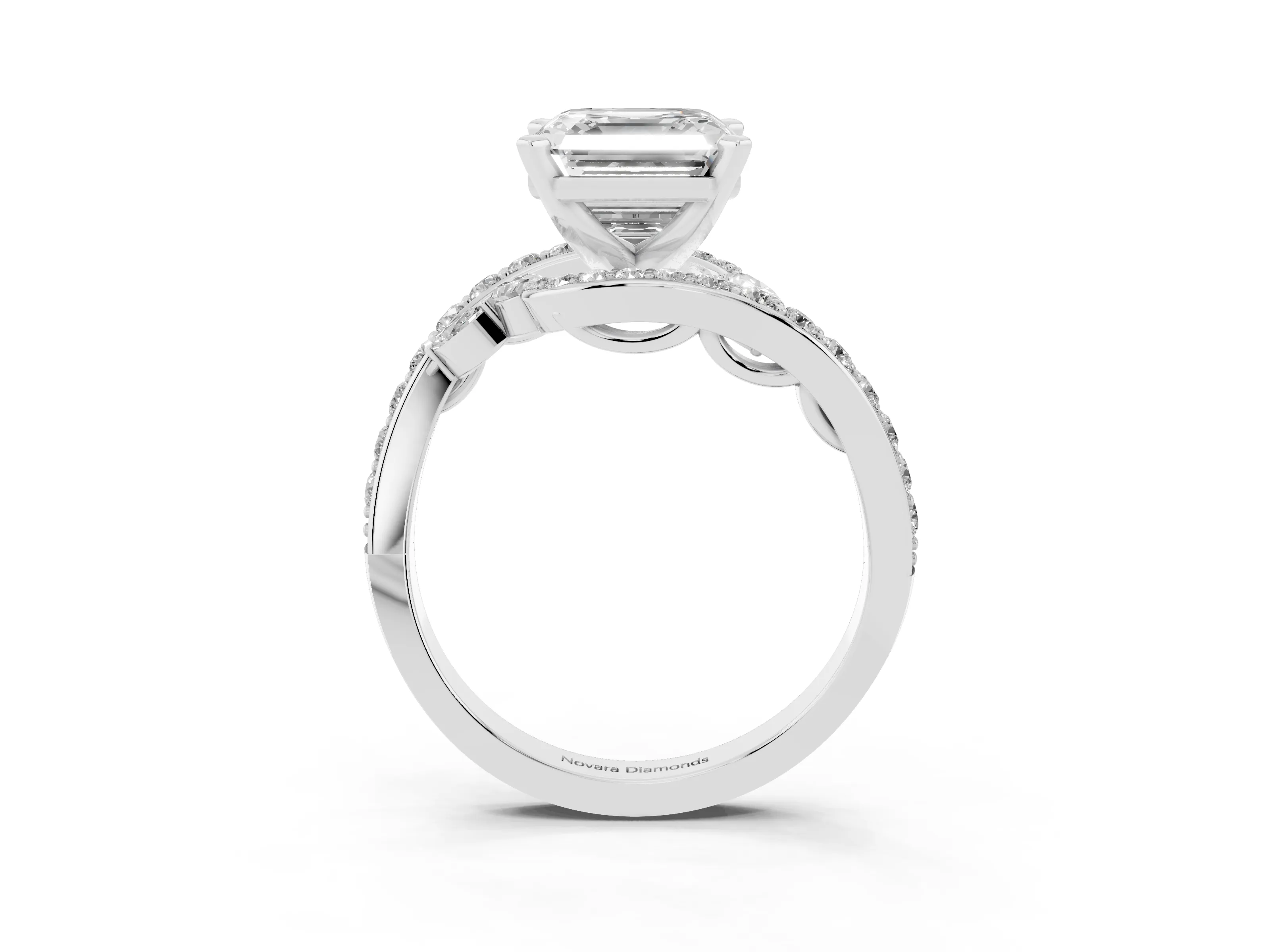 Asscher Cut Diamond Solitaire Ring Set in White gold with Pavé Twist Band and Secure Prong Setting