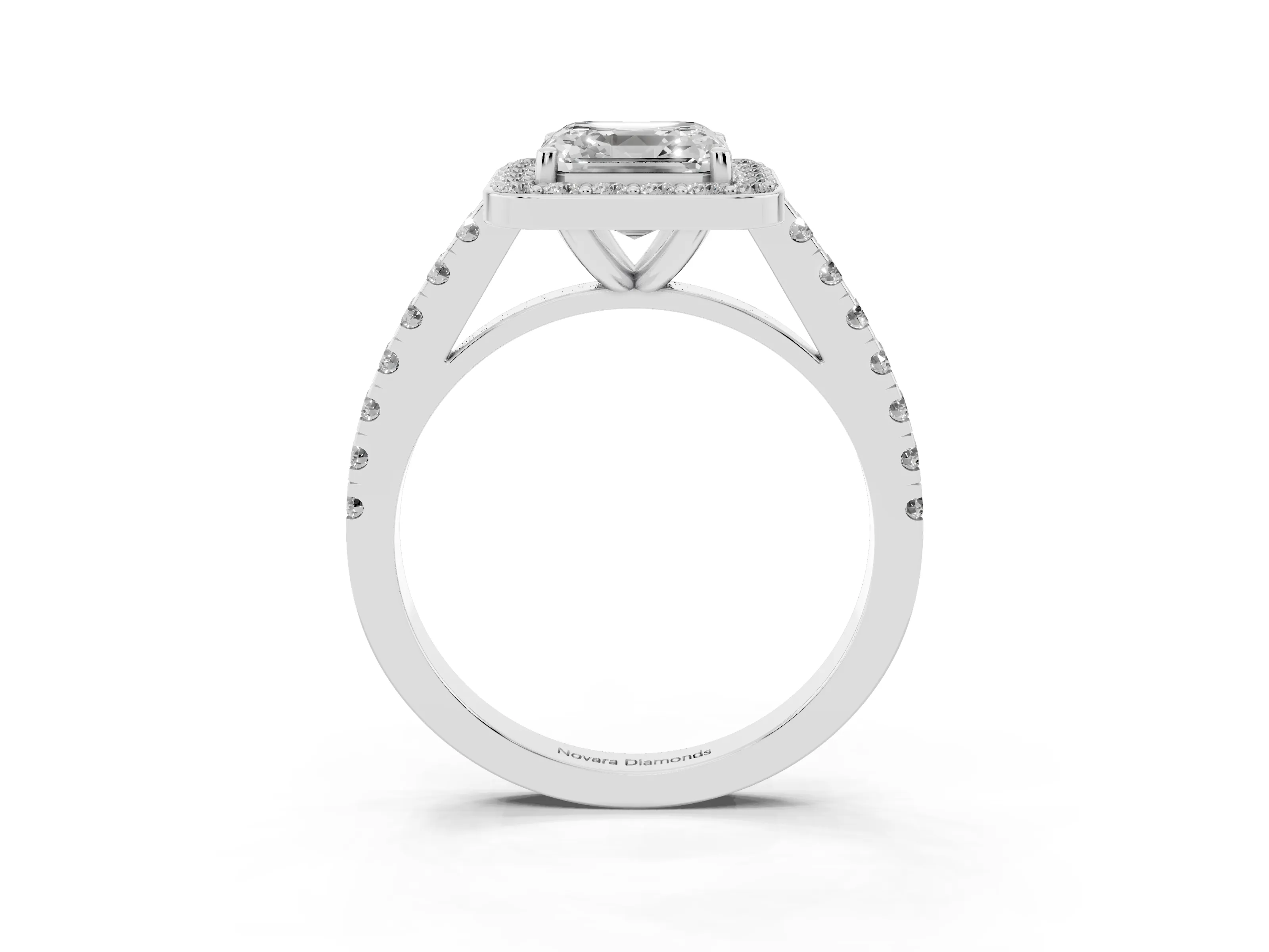 Asscher Cut Diamond Halo Ring Set in White gold with Round Pavé Split Shank and Prong Setting