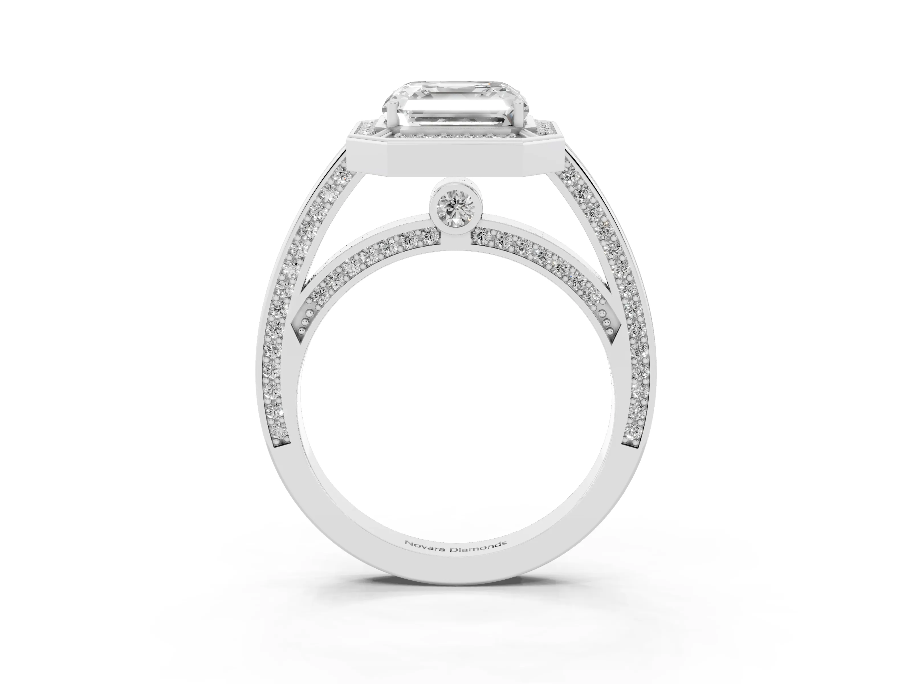 Asscher Cut Diamond Halo Pavé Split Shank Ring Set in White gold with Prong Setting
