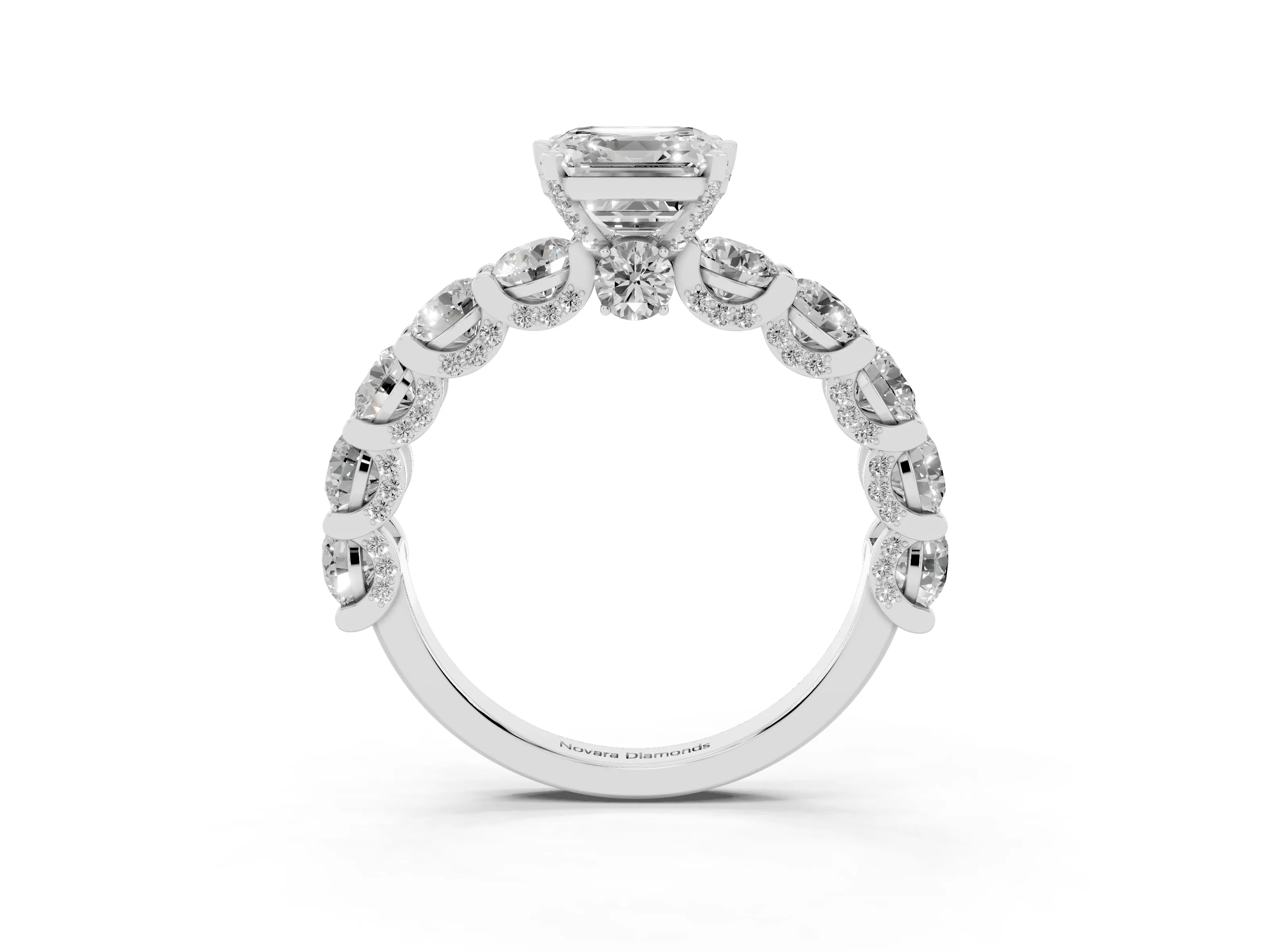 Asscher Cut Diamond Side Stone Ring Set in Platinum with Alternating Round and Oval Side Stones