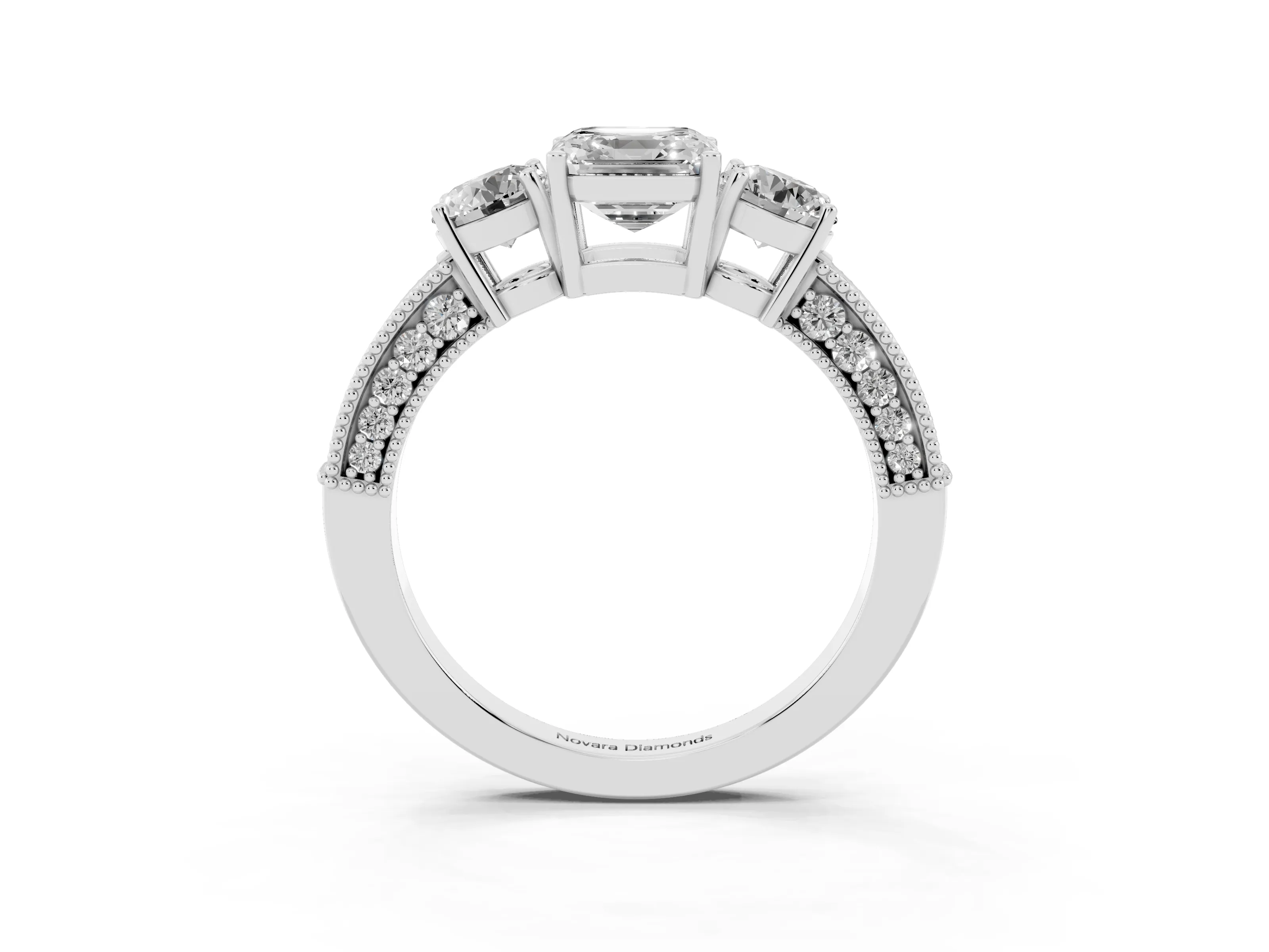 Asscher Cut Diamond Three-Stone Ring Set in Platinum with Round Side Stones and Pavé Band