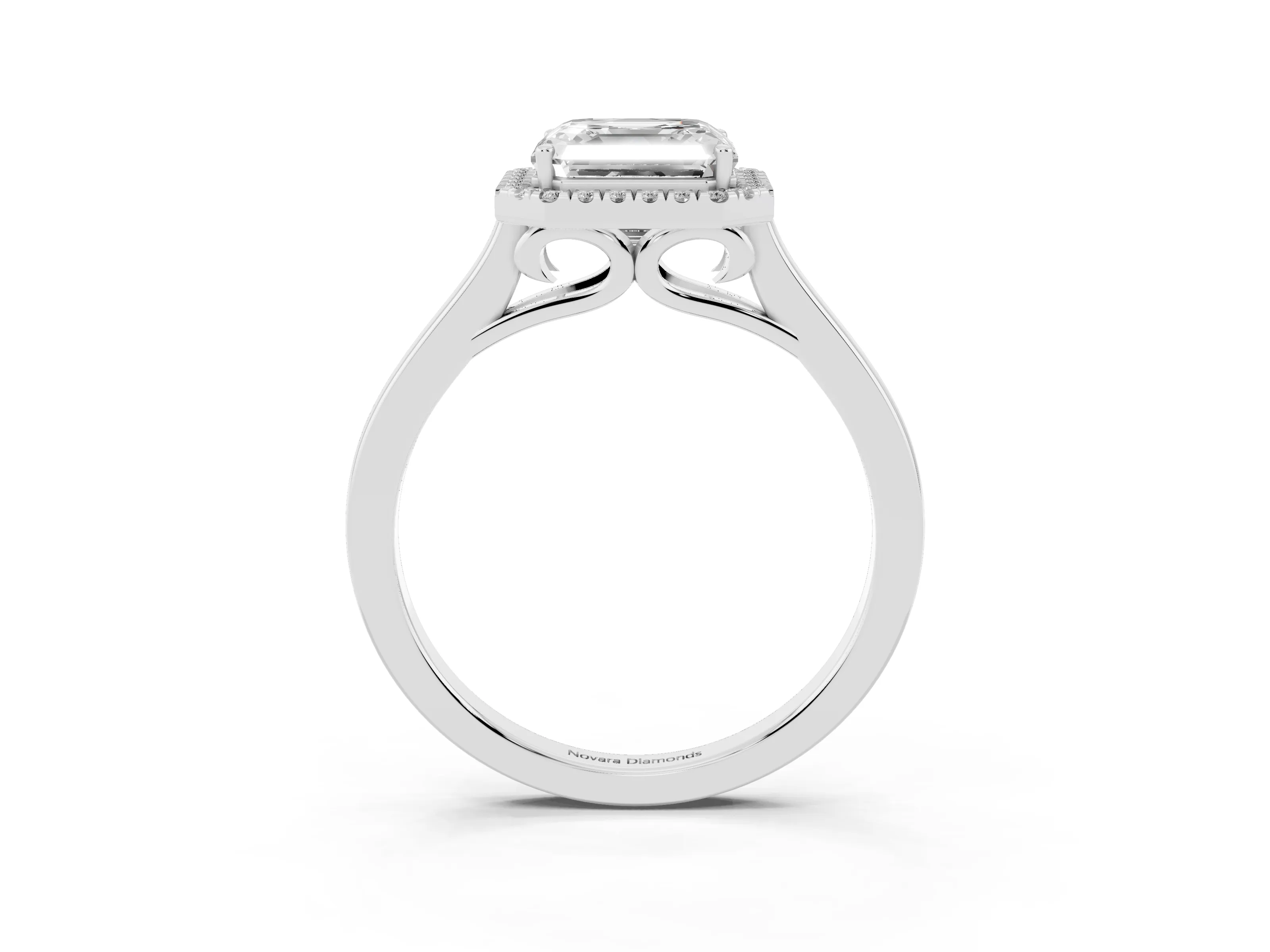 Asscher Cut Halo Round Diamond Solitaire Ring Set in Silver with Pavé Band and Prong Setting