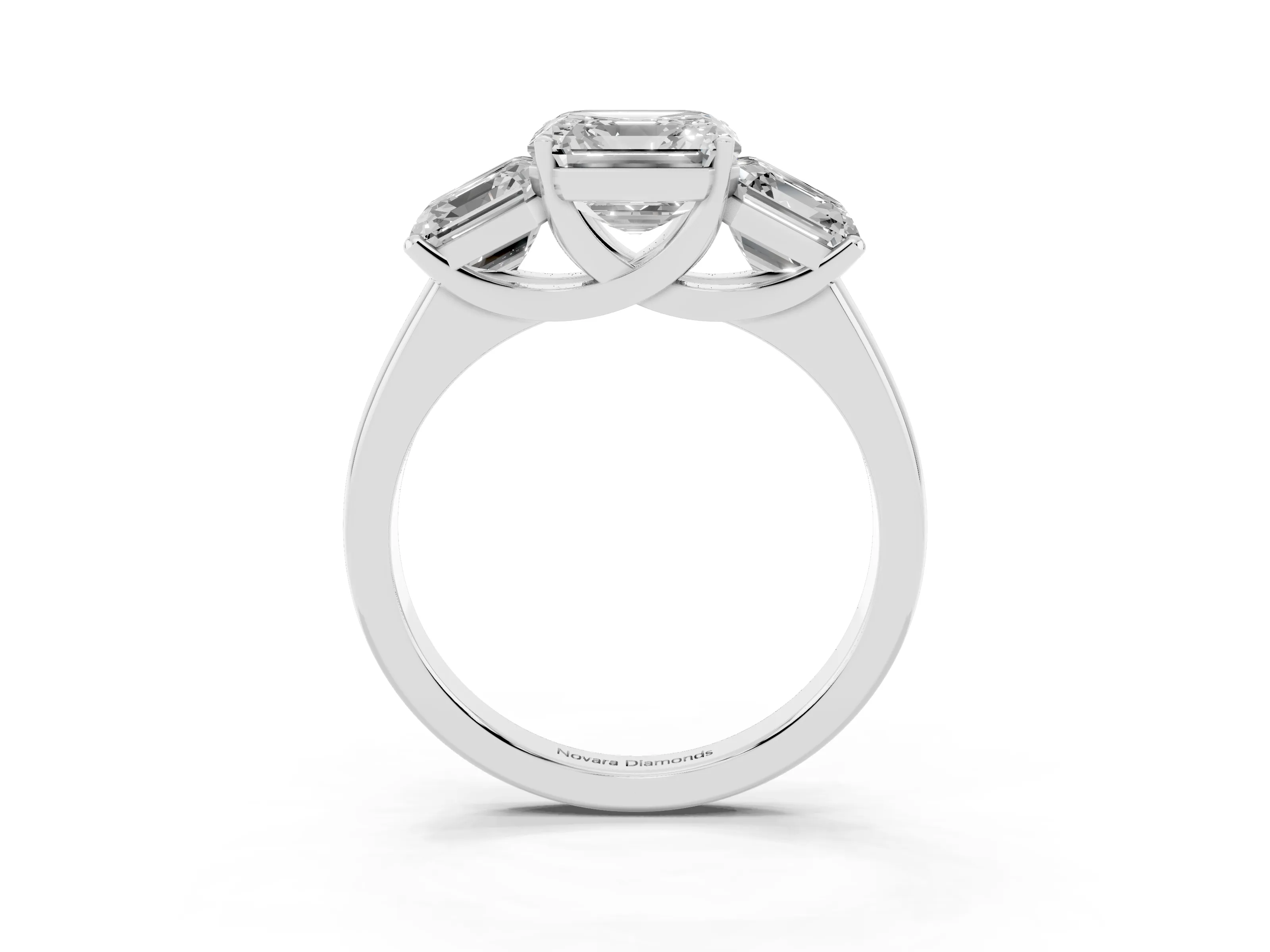 Asscher Cut Diamond Three-Stone Ring Set in Silver with Classic Prong Setting and Plain Band