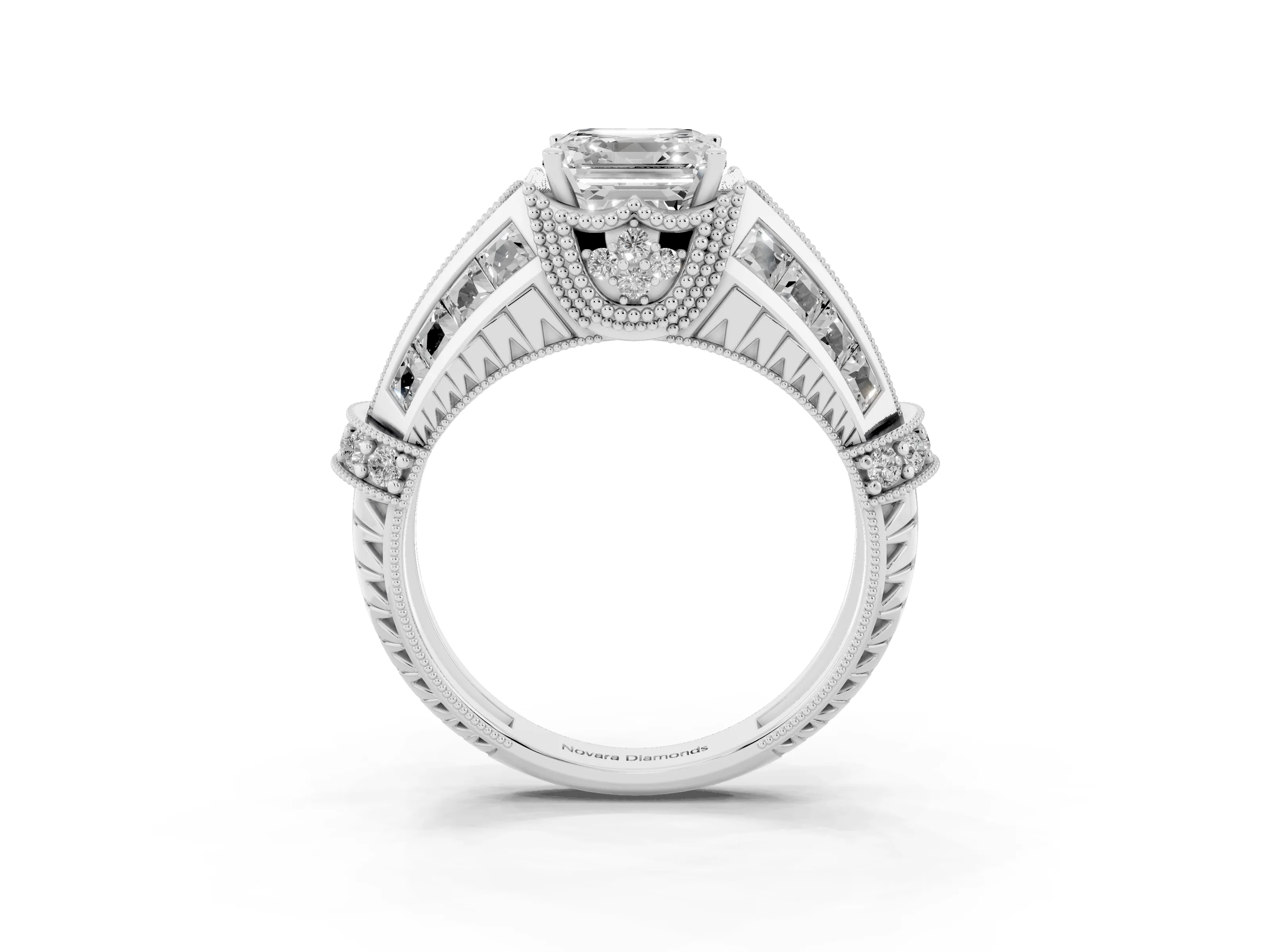 Asscher Cut Diamond Vintage-Inspired Milgrain Ring Set in White gold with Accent Split Shank