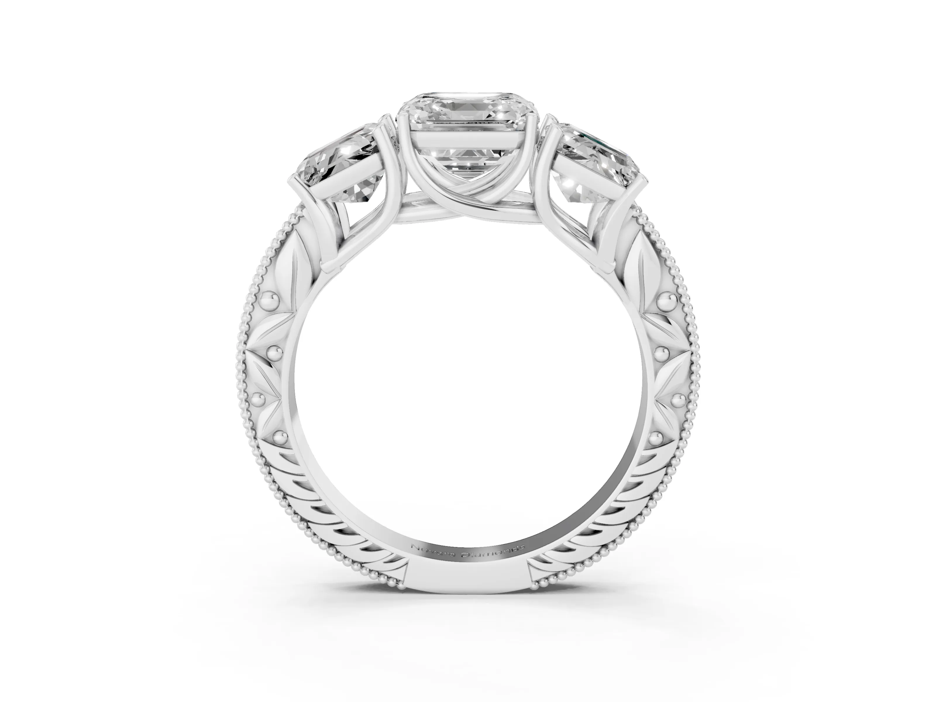 Asscher Cut Diamond Three-Stone Engagement Ring Set in Silver with Milgrain Pavé Band