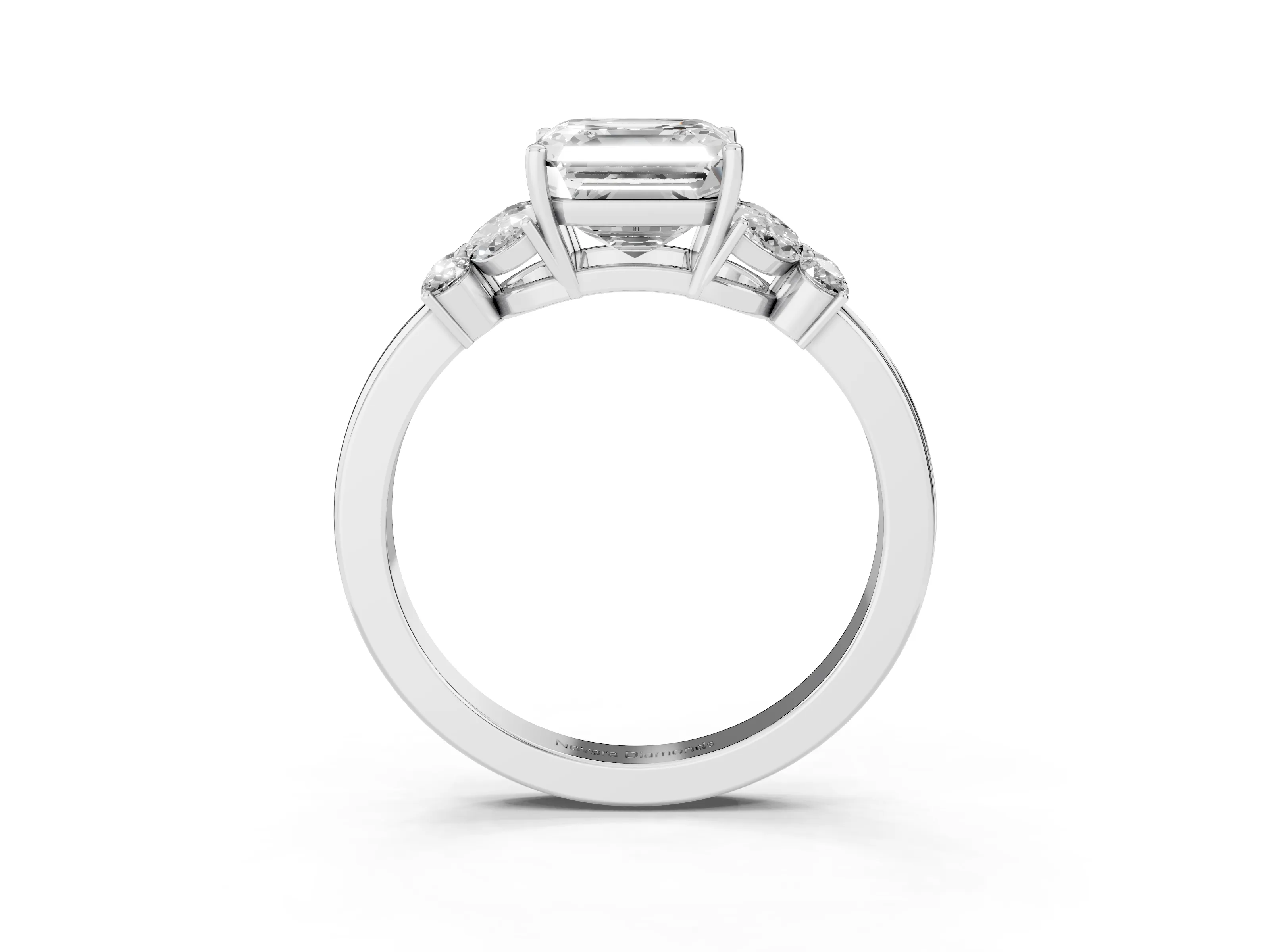 Asscher Cut Diamond Solitaire Floral Ring Set in White gold with Marquise Petals and Prong Setting