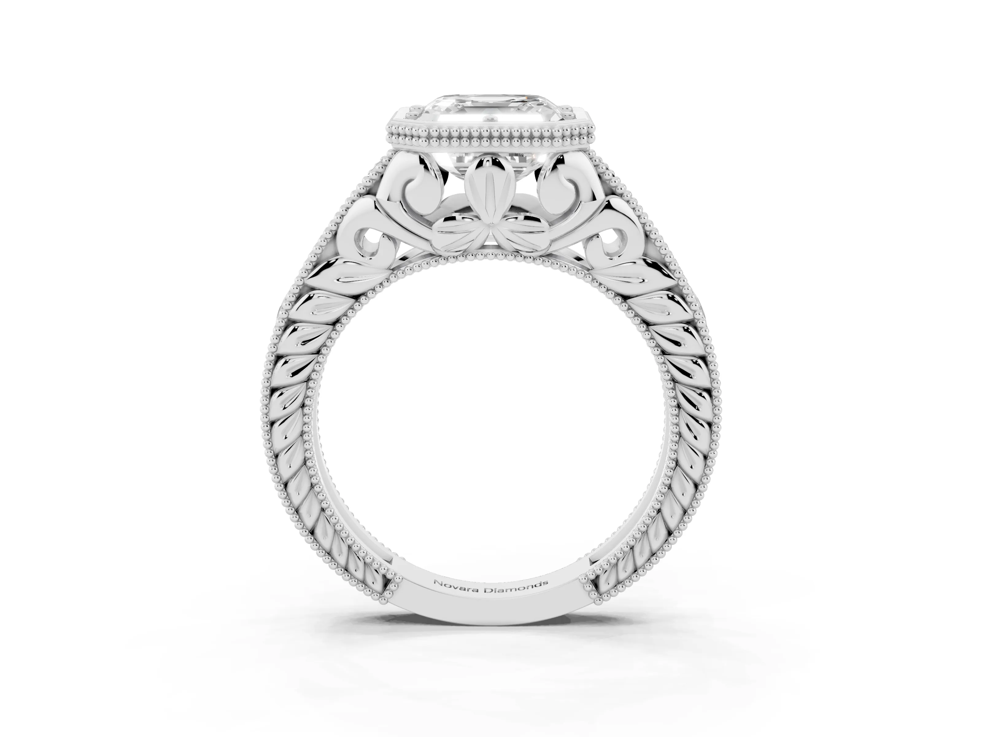 Bezel Set Asscher Cut Diamond Milgrain Pavé Engagement Ring Set in Silver