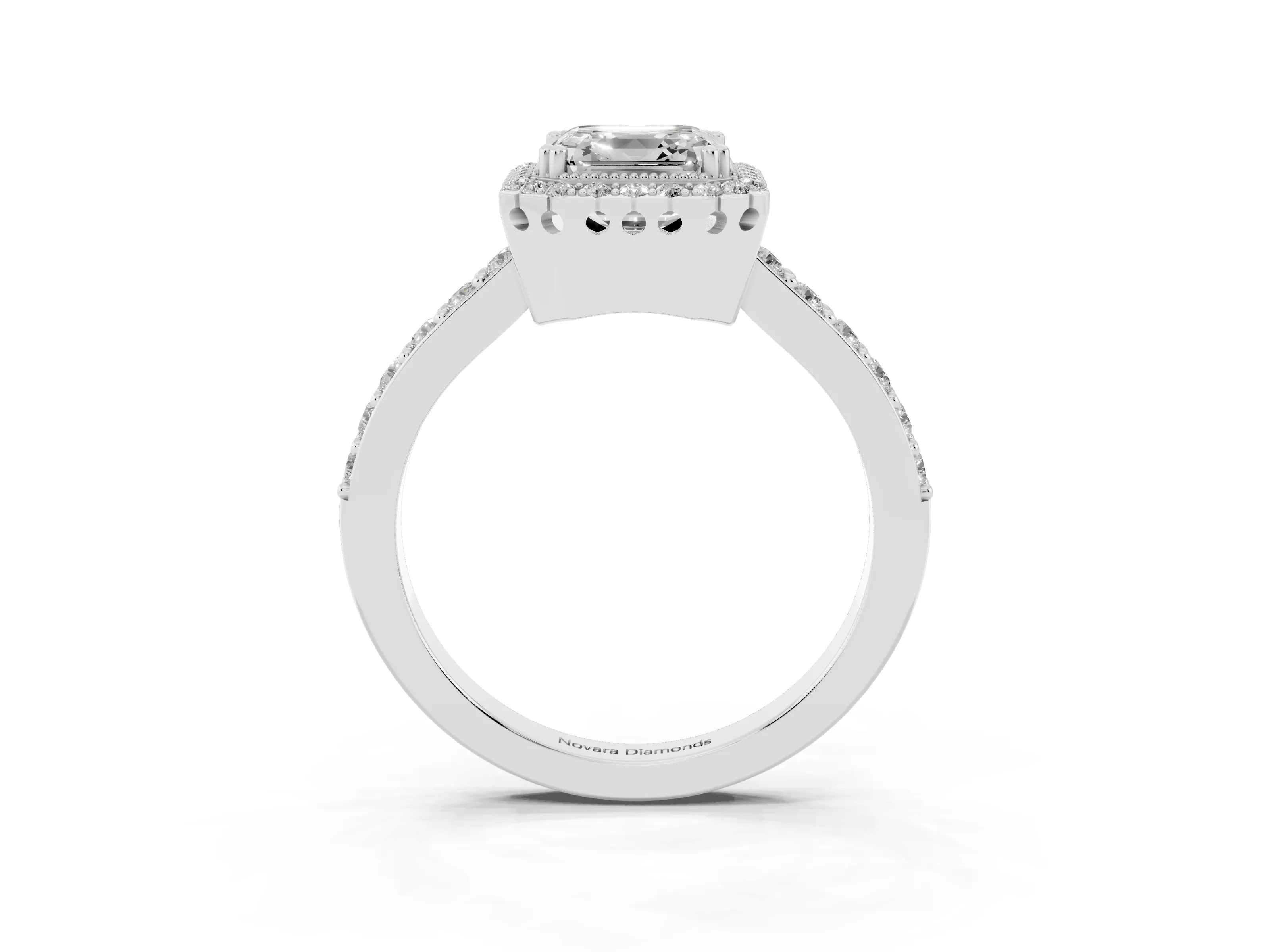 Asscher Cut Diamond Halo Engagement Ring Set in Silver with Milgrain Detail and Pavé Band