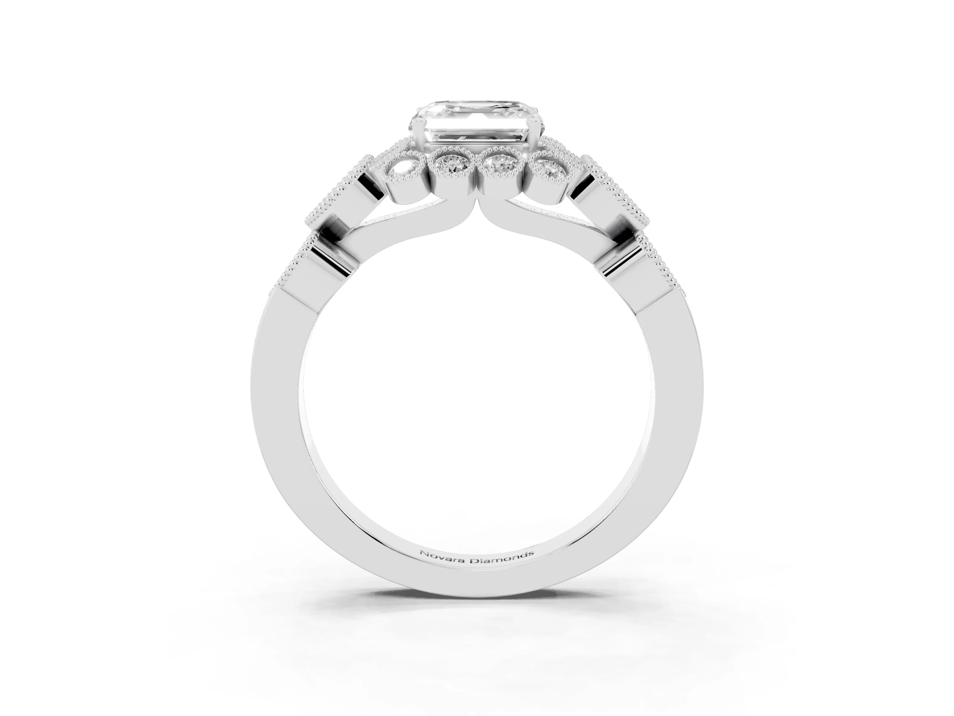 Asscher Cut Diamond Solitaire Ring Set in Silver with Milgrain Pavé Heart Band
