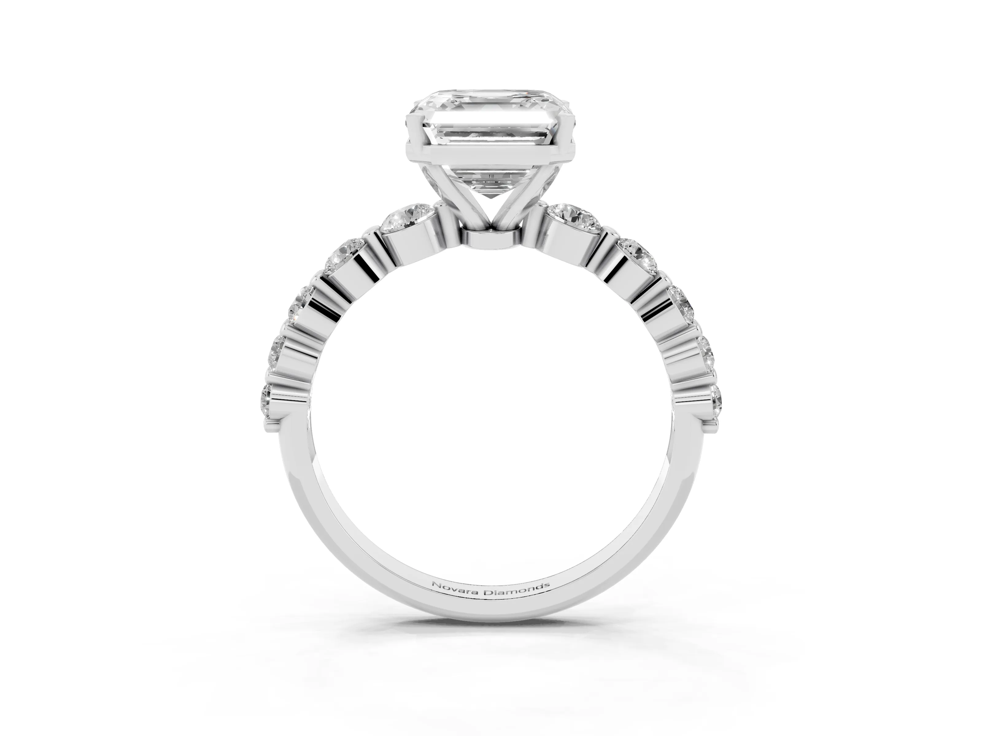 Asscher Cut Diamond Solitaire Ring Set in White gold with Pavé Band and Prong Setting