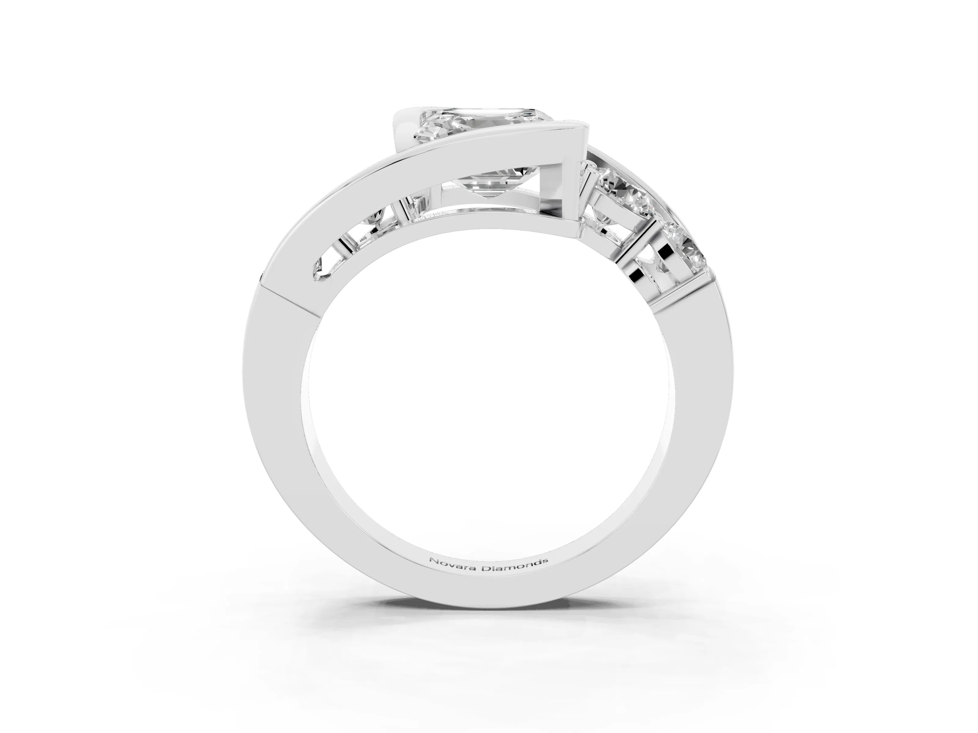 Asscher Cut Diamond Bezel Bypass Ring Set in Platinum with Round Accents
