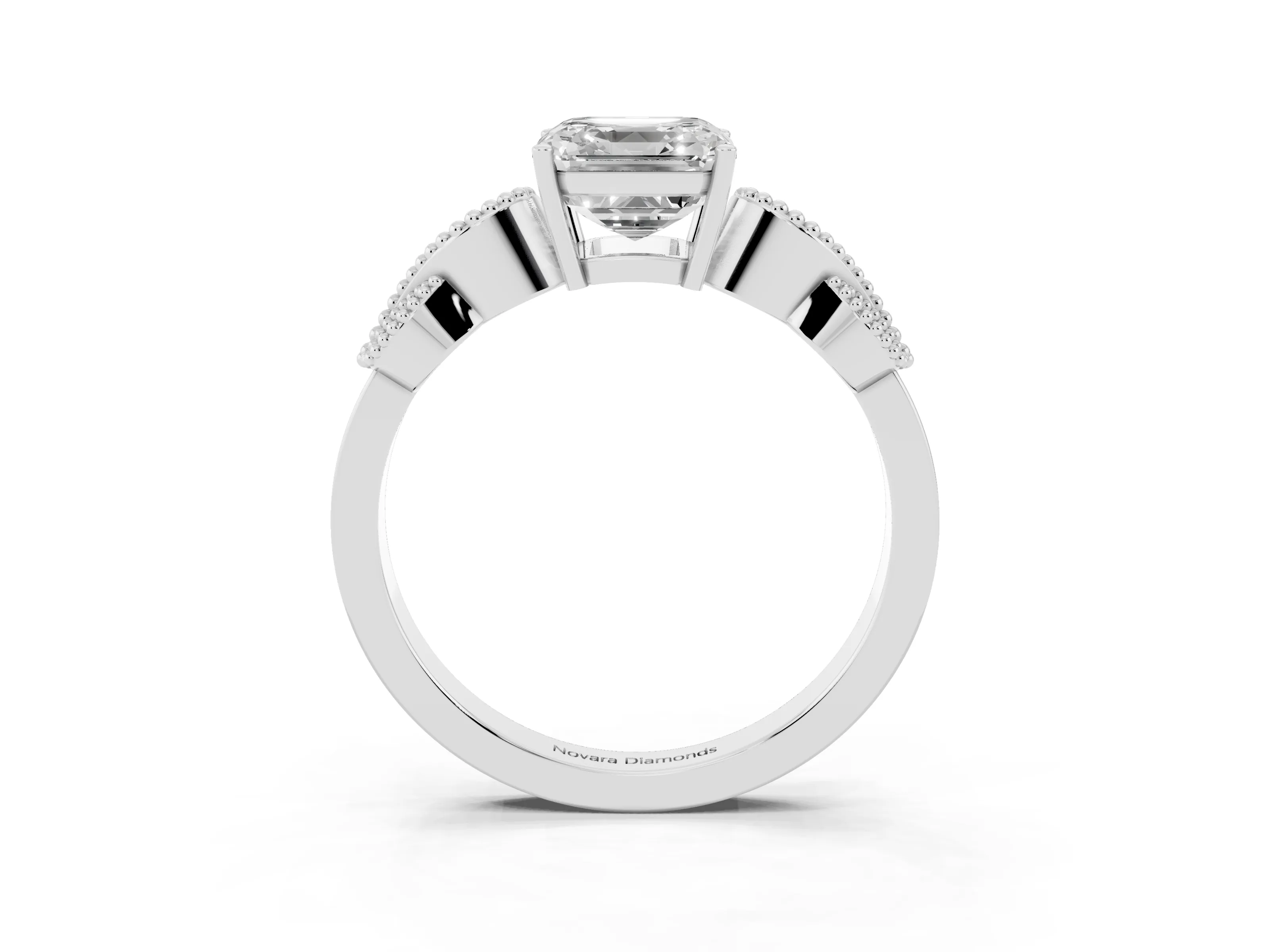 Asscher Cut Diamond Milgrain Leaf Band Solitaire Ring Set in White gold with Accent Stones and Prong Setting