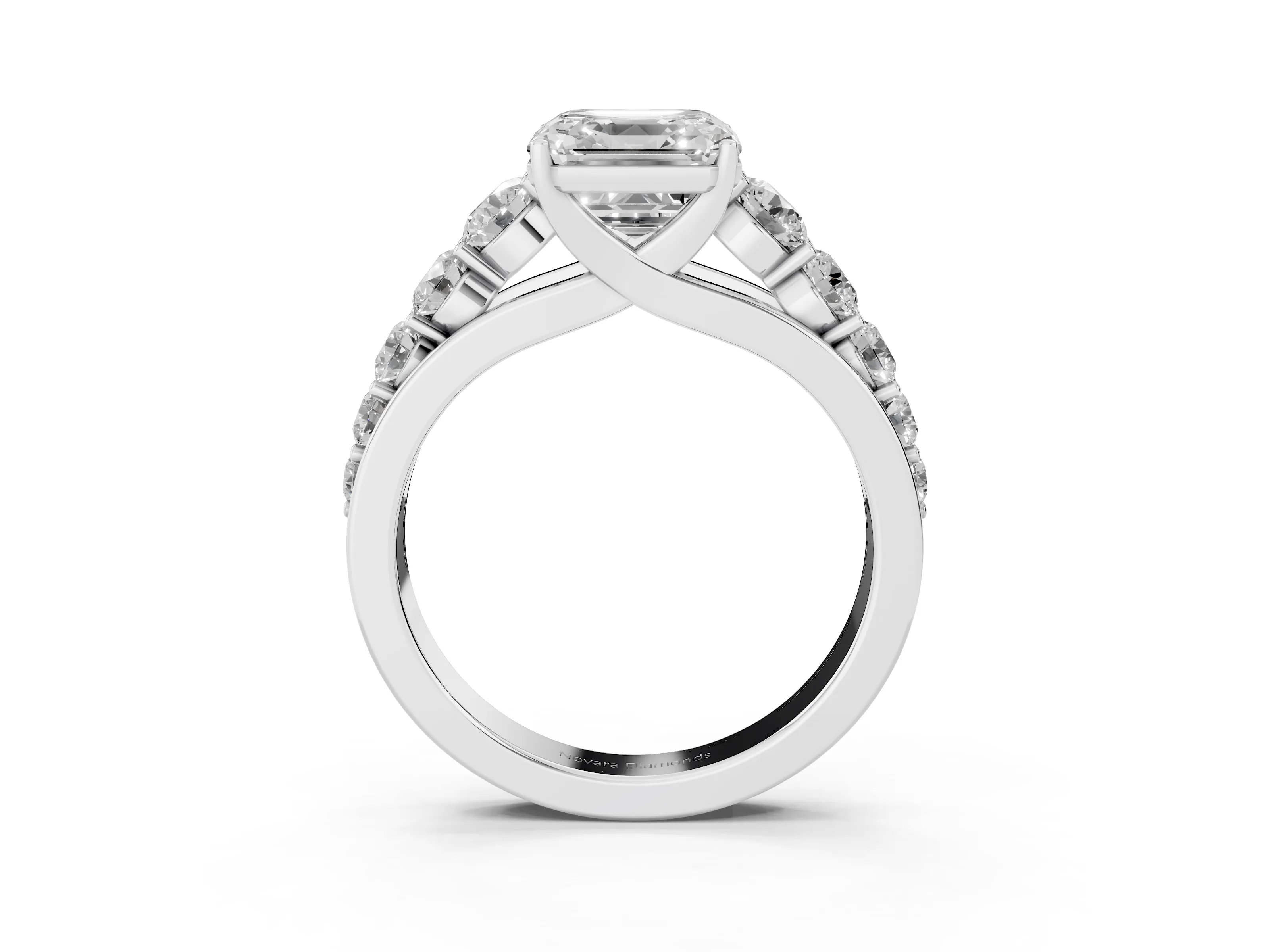 Asscher Cut Diamond Solitaire Ring Set in White gold with Pavé-Set Band and Prong Setting