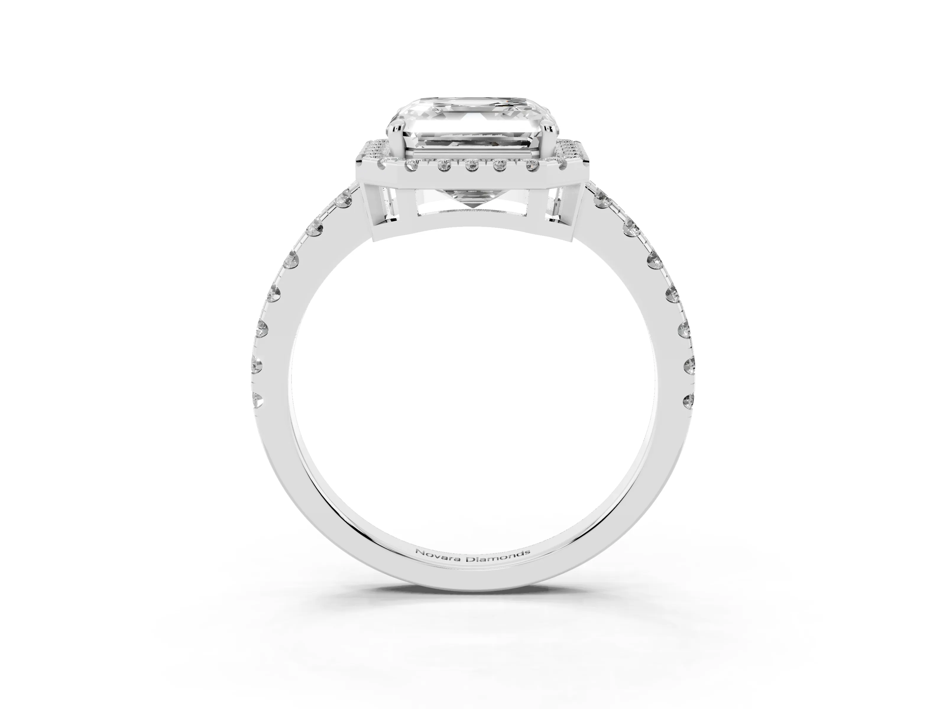 Asscher Cut Diamond Halo Ring Set in White gold with Delicate Pavé Band and Prong Setting