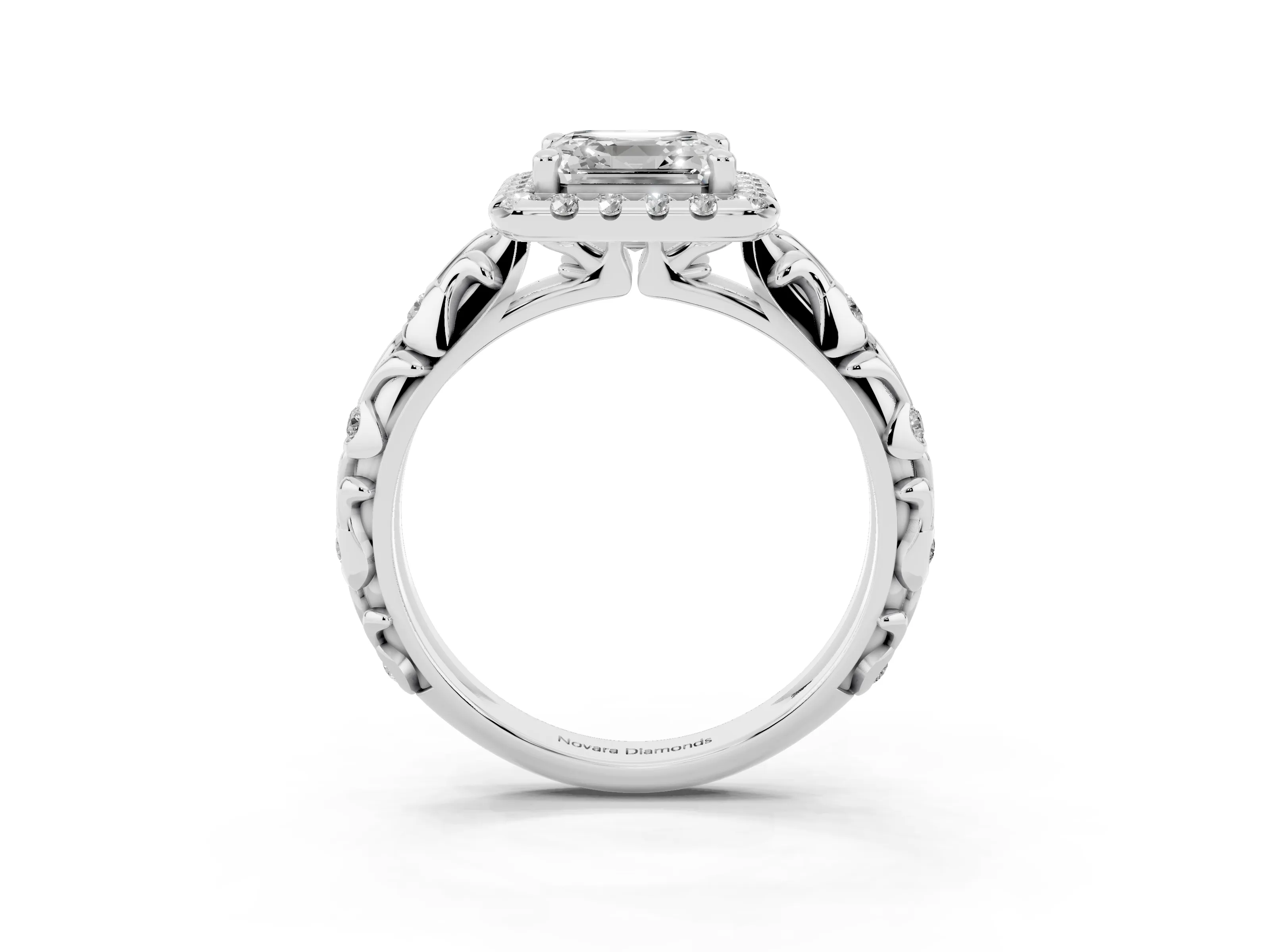 Asscher Cut Diamond Halo Ring Set in Silver with Filigree Leaf Band and Prong Setting