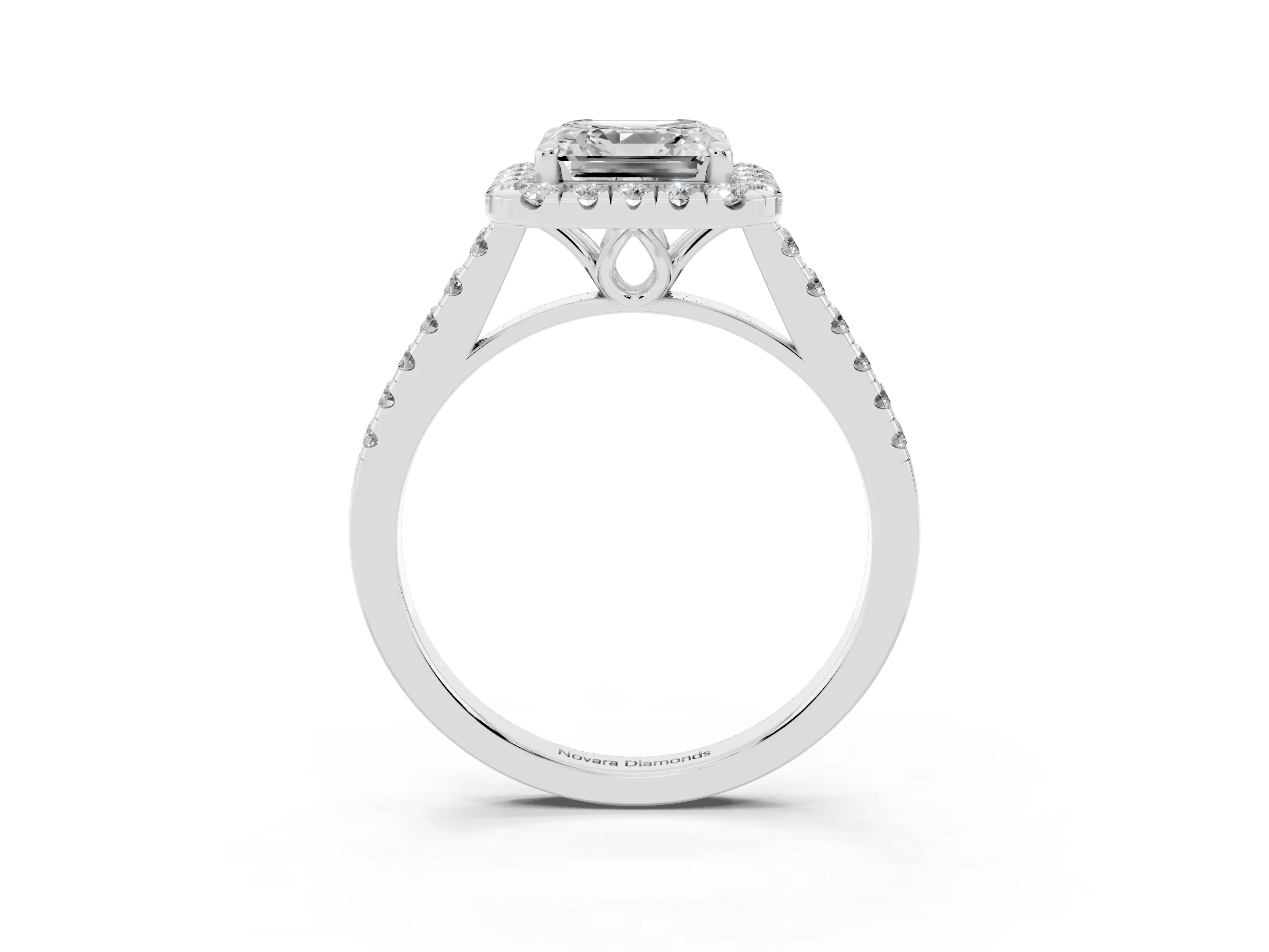 Asscher Cut Diamond Pavé Halo Engagement Ring Set in White gold with Pavé Band and Prong Setting
