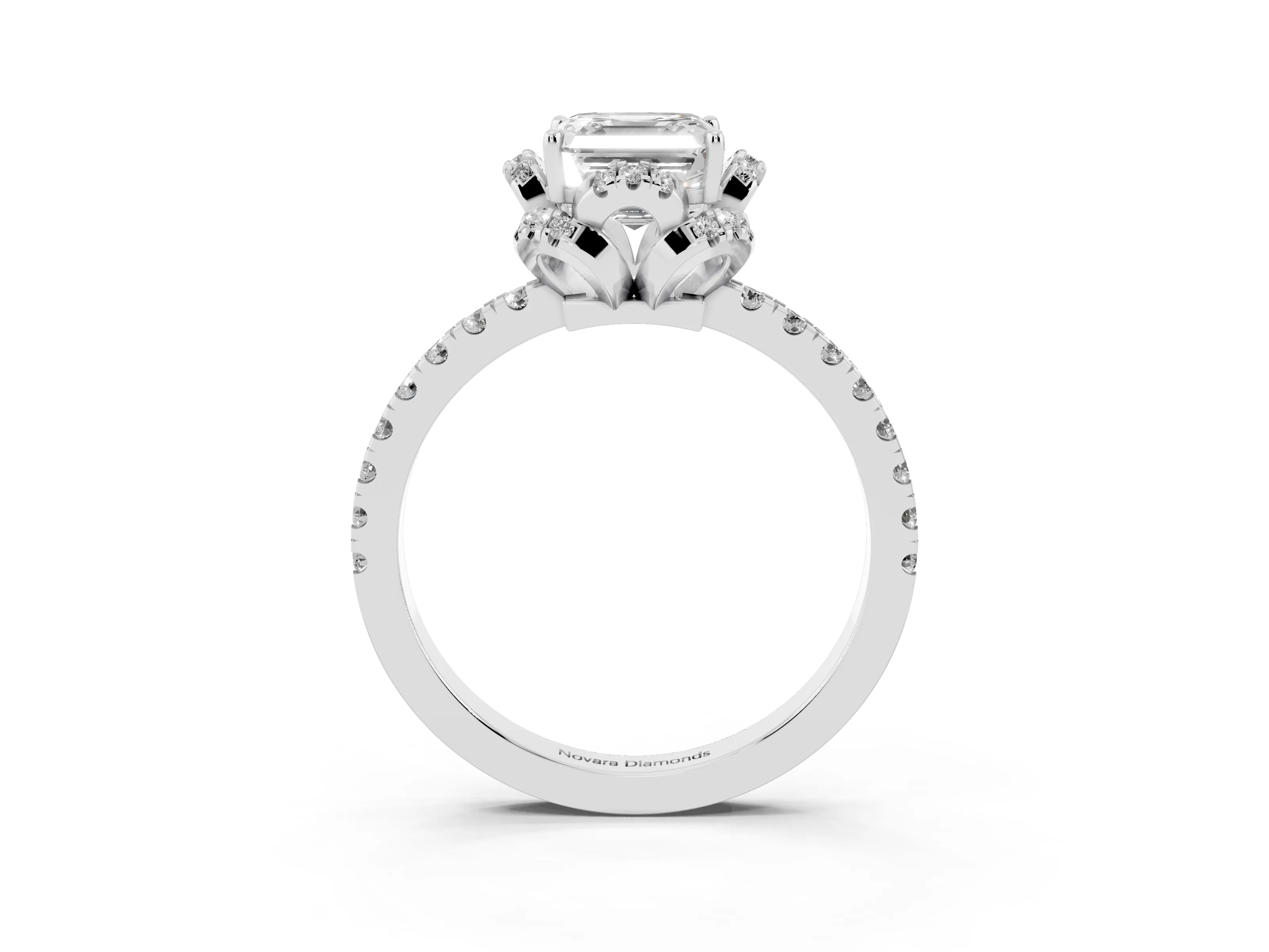 Asscher Cut Diamond Halo Pavé Band Ring Set in Platinum with Prong-Held Center