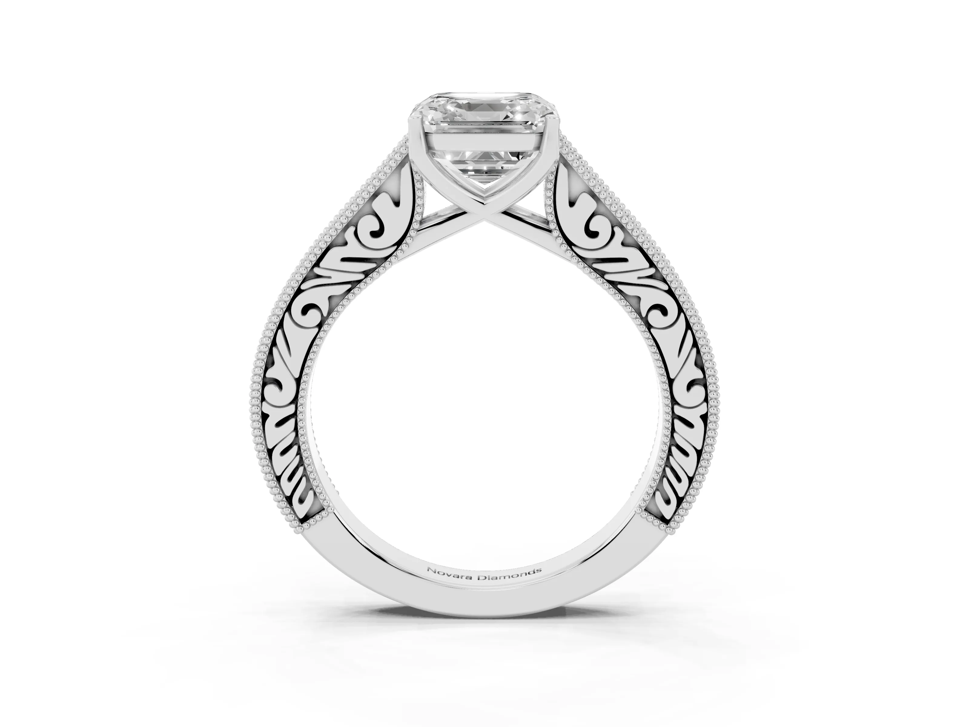 Asscher Cut Diamond Milgrain Pavé Band Solitaire Ring Set in Platinum with Prong Setting
